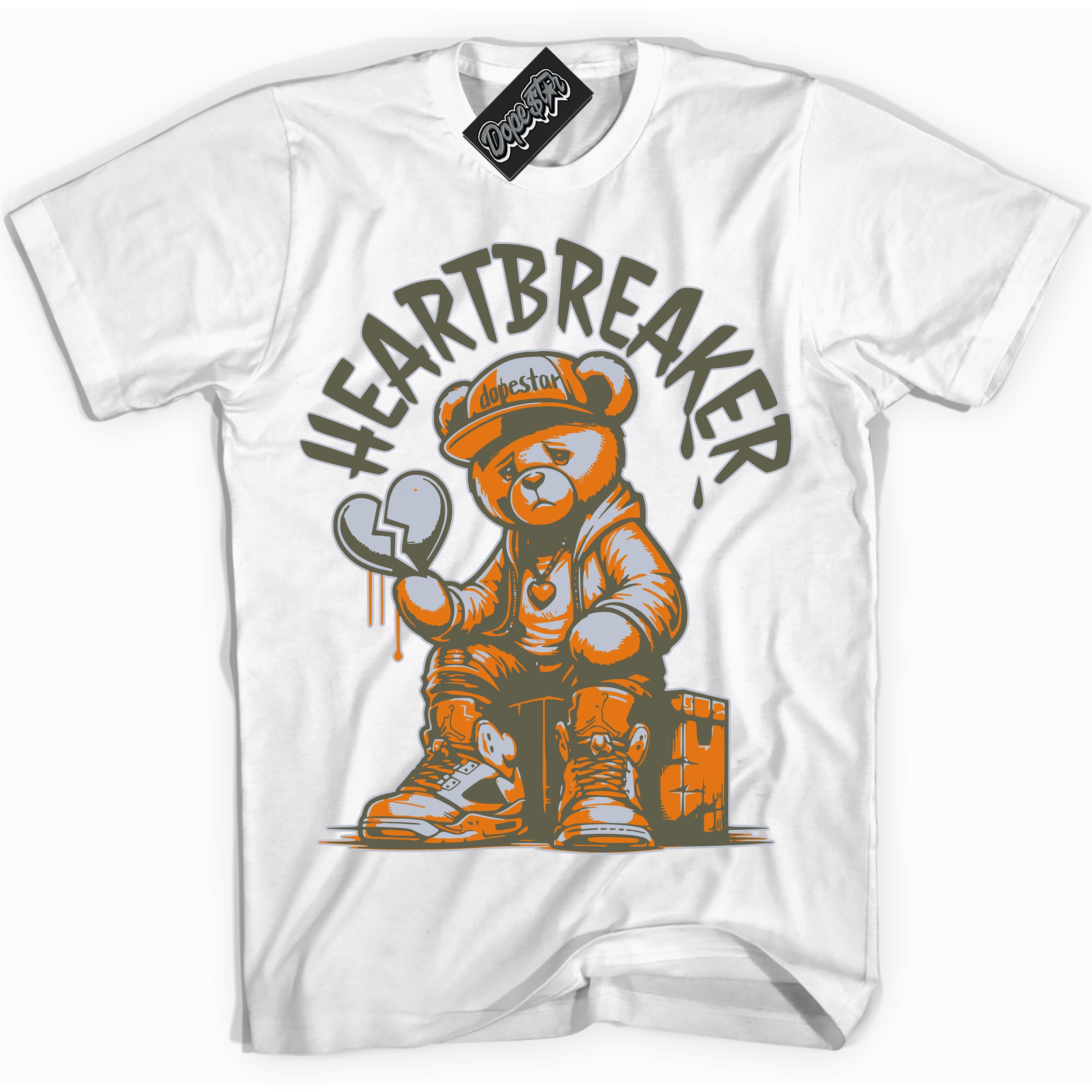 Cool White Shirt with “ Heartbreaker Bear” design that perfectly matches Olive 5s Sneakers.
