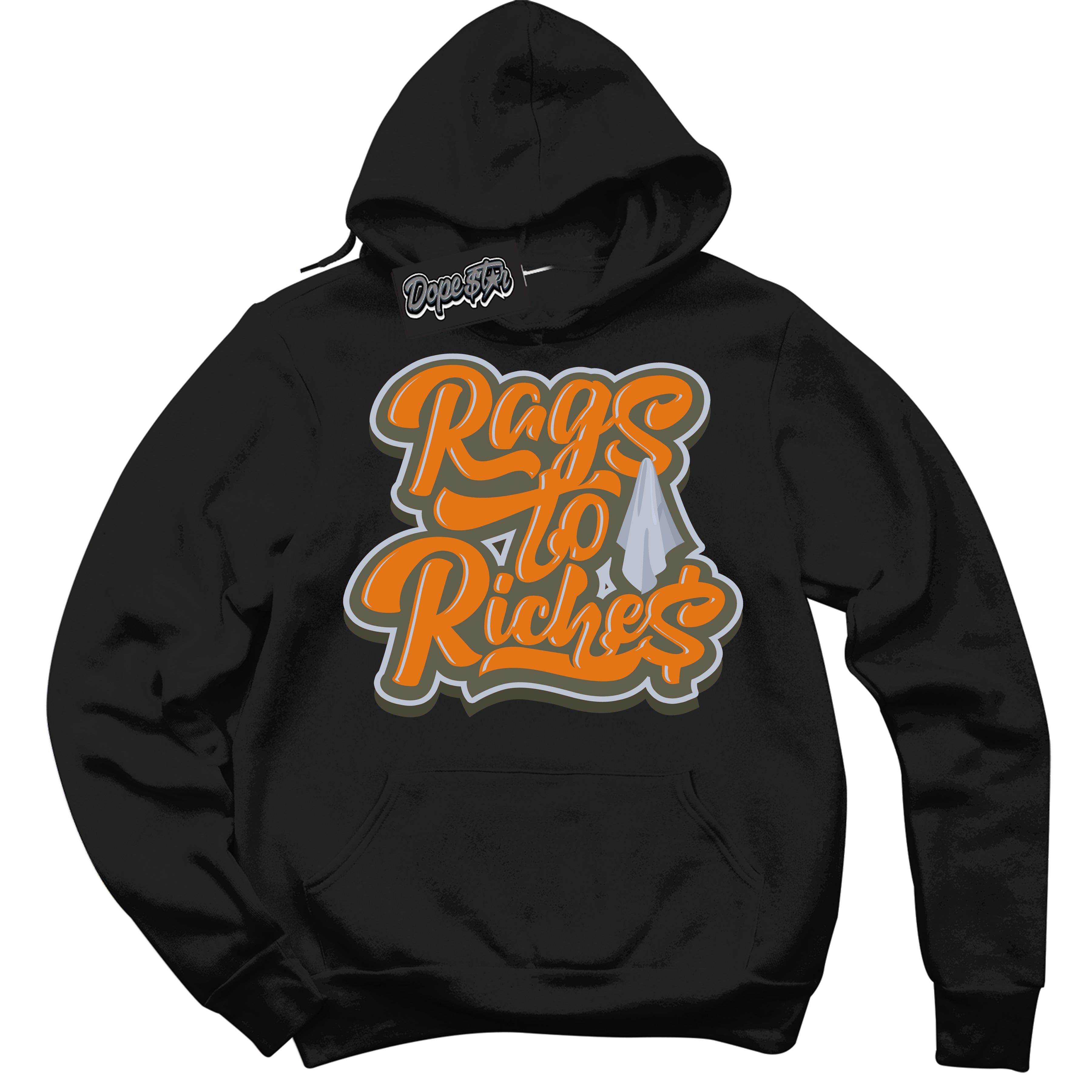 Cool Black Hoodie with “ Rags To Riches ”  design that Perfectly Matches Olive 5s Sneakers.