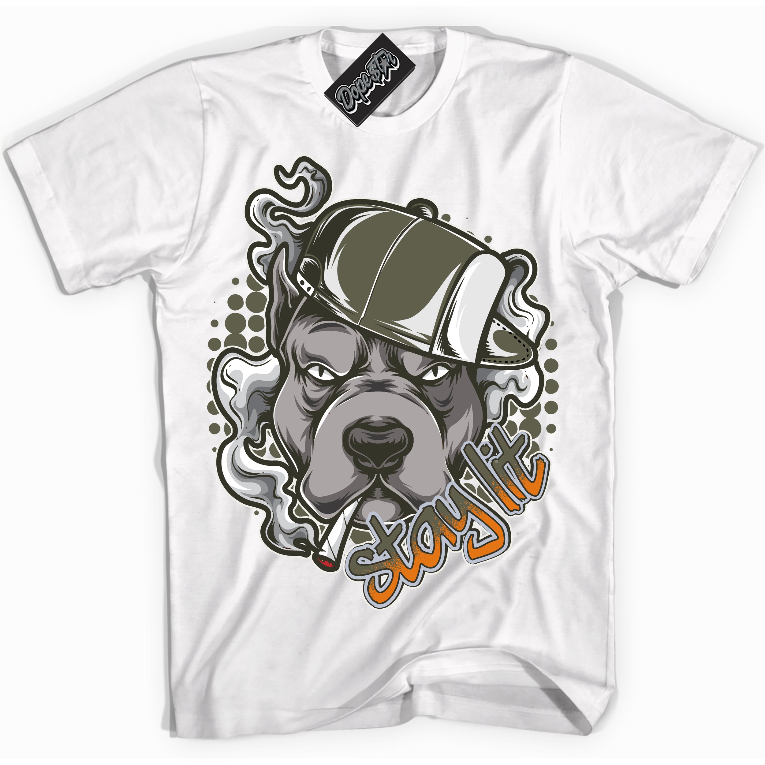Cool White Shirt with “ Stay Lit” design that perfectly matches Olive 5s Sneakers.