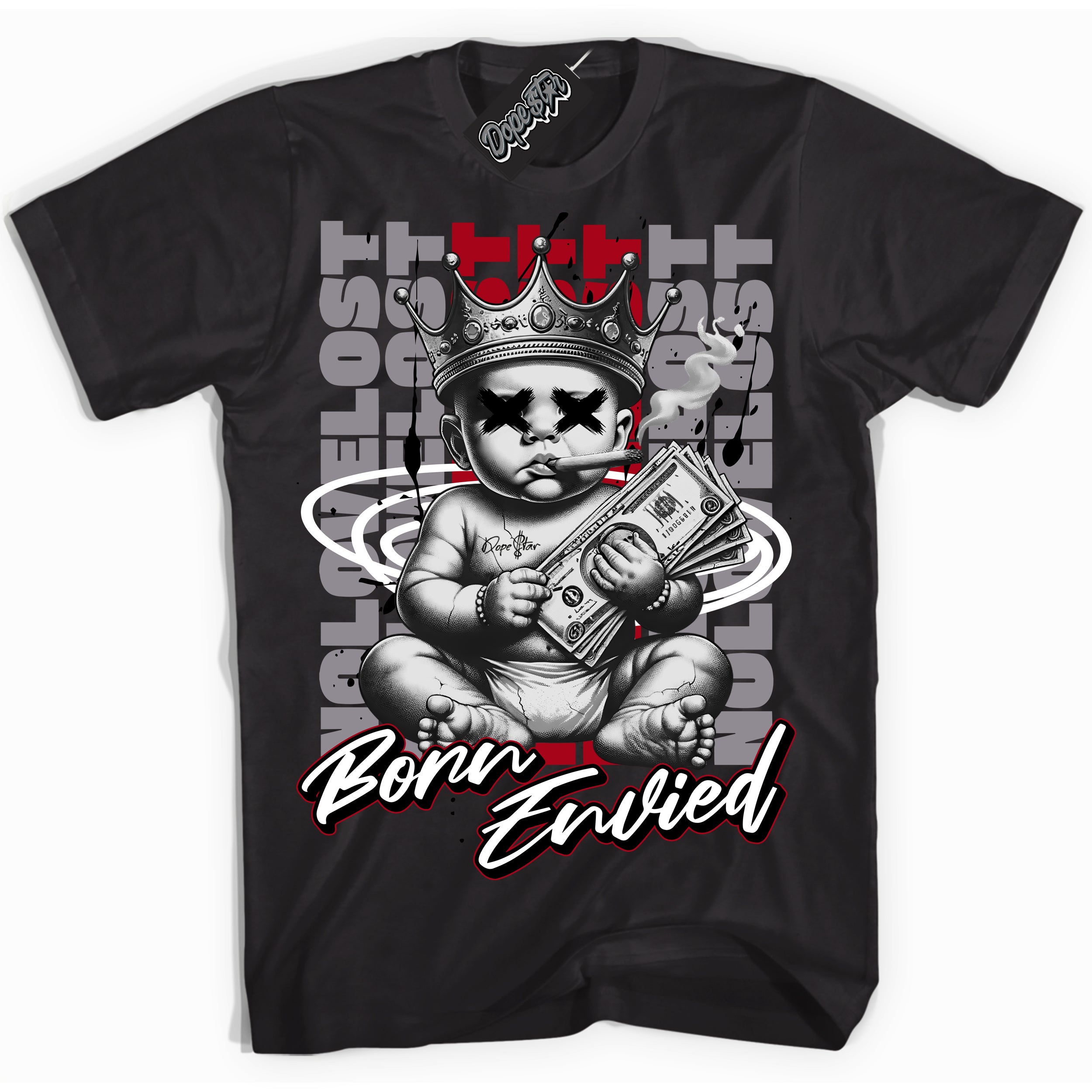 AJ5 Retro OG Black Metallic Reimagined “Born Envied” black streetwear t-shirt and matching sneaker tee for men and women by Sneaker Shirts Outlet.
