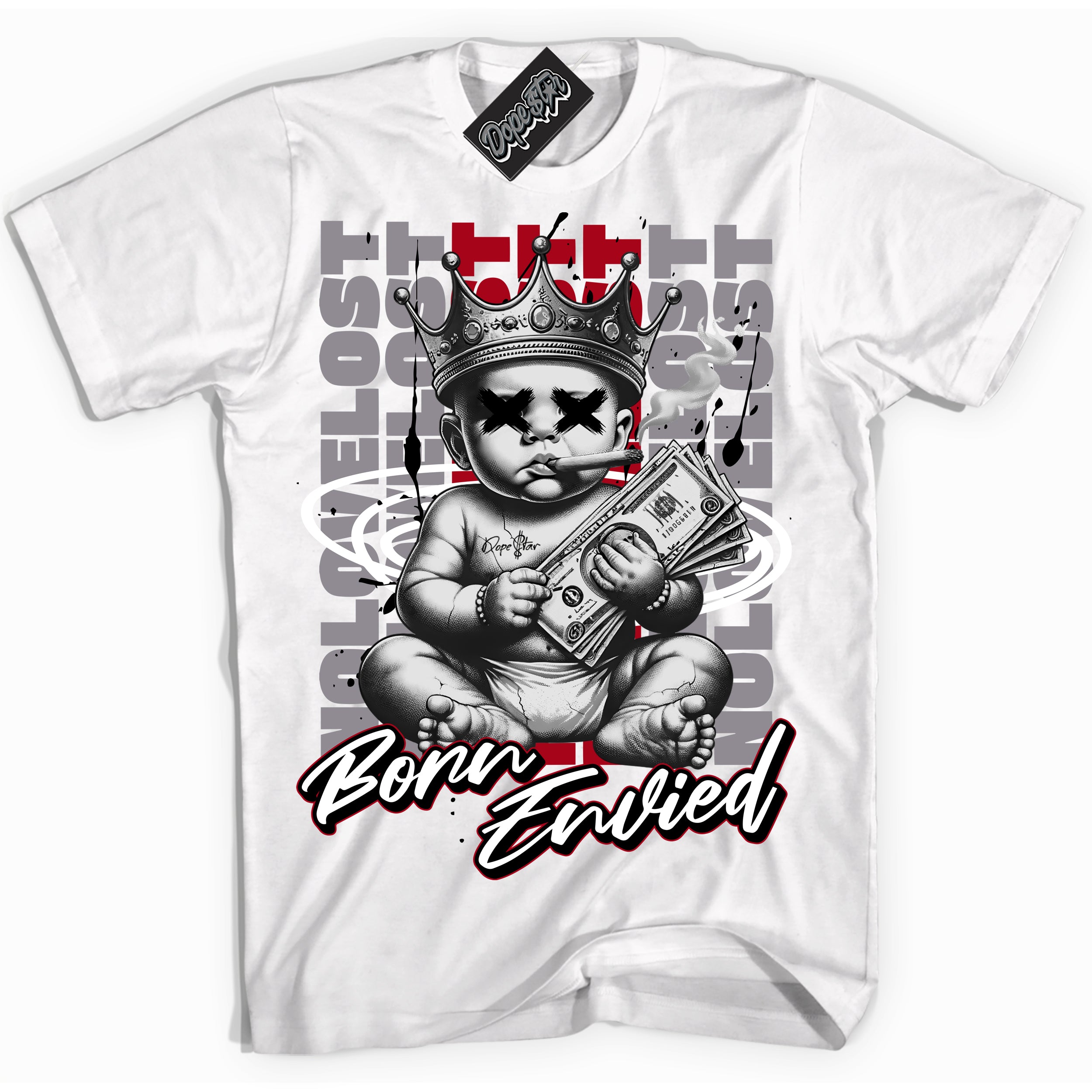 AJ5 Retro OG Black Metallic Reimagined “Born Envied” white streetwear t-shirt and matching sneaker tee for men and women by Sneaker Shirts Outlet.

