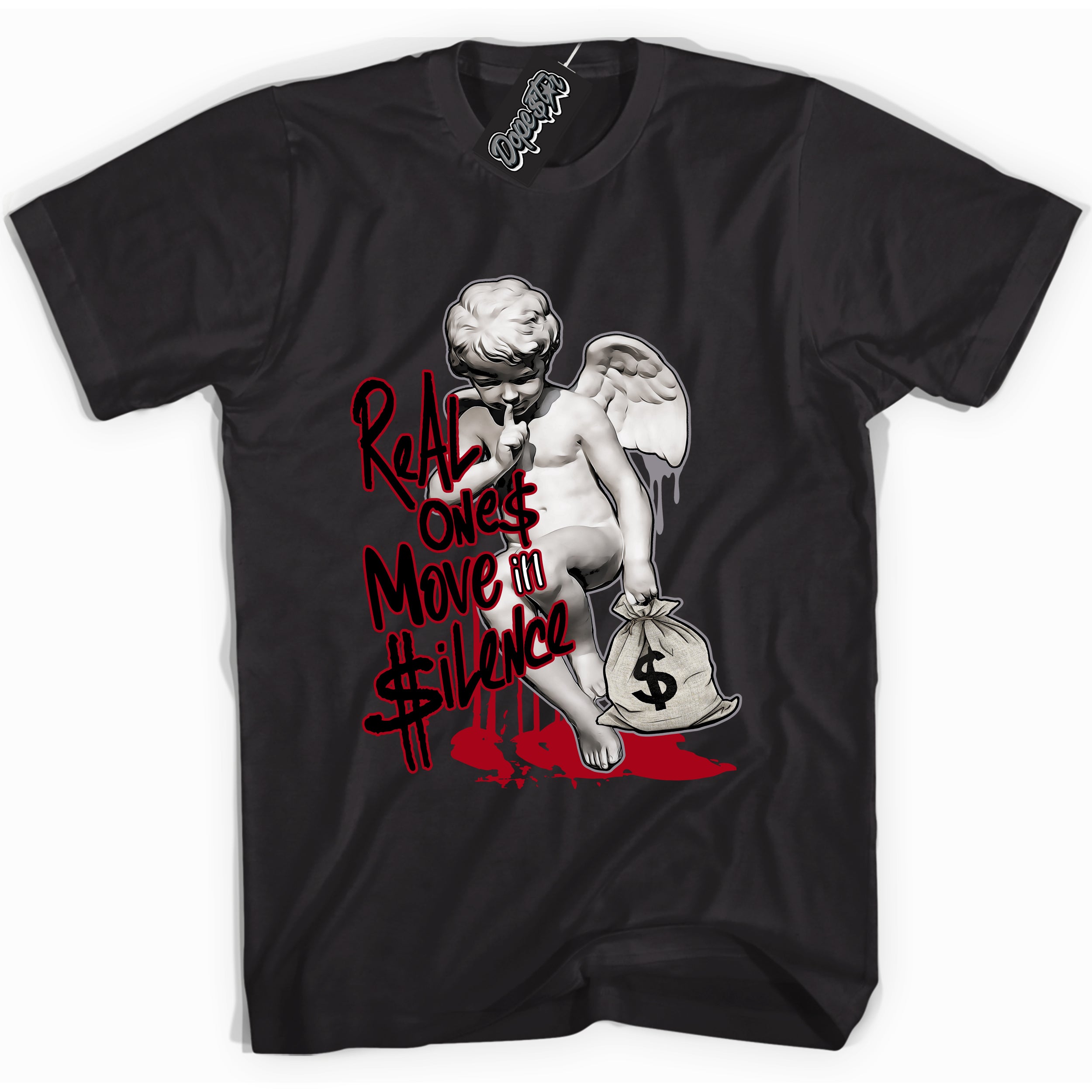 AJ5 Retro OG Black Metallic Reimagined “Real Ones Cherub” black streetwear t-shirt and matching sneaker tee for men and women by Sneaker Shirts Outlet.
