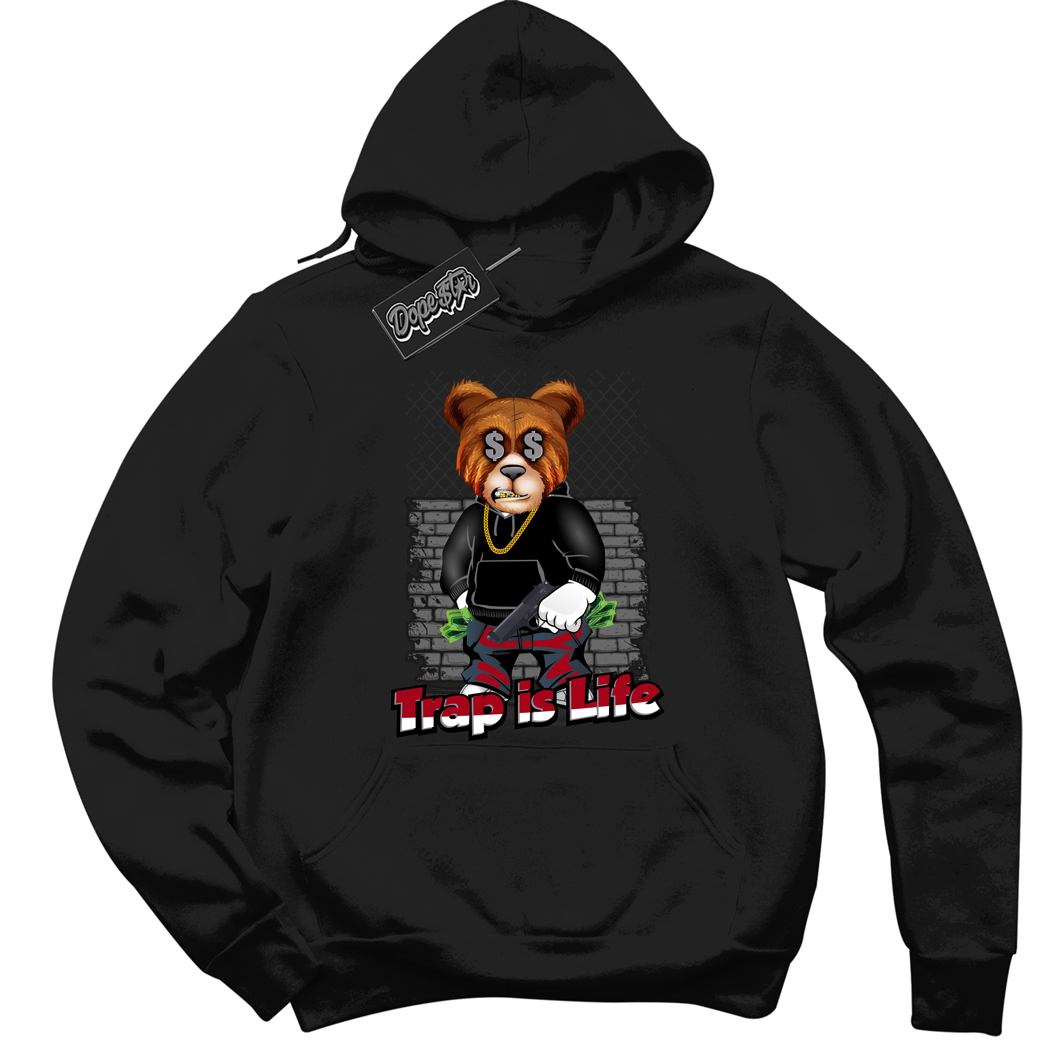 AJ5 Retro OG Black Metallic Reimagined ‘Trap Is Life’ – Black Streetwear Hoodie | Men's and Women's graphic sweatshirt by Sneaker Shirts Outlet.
