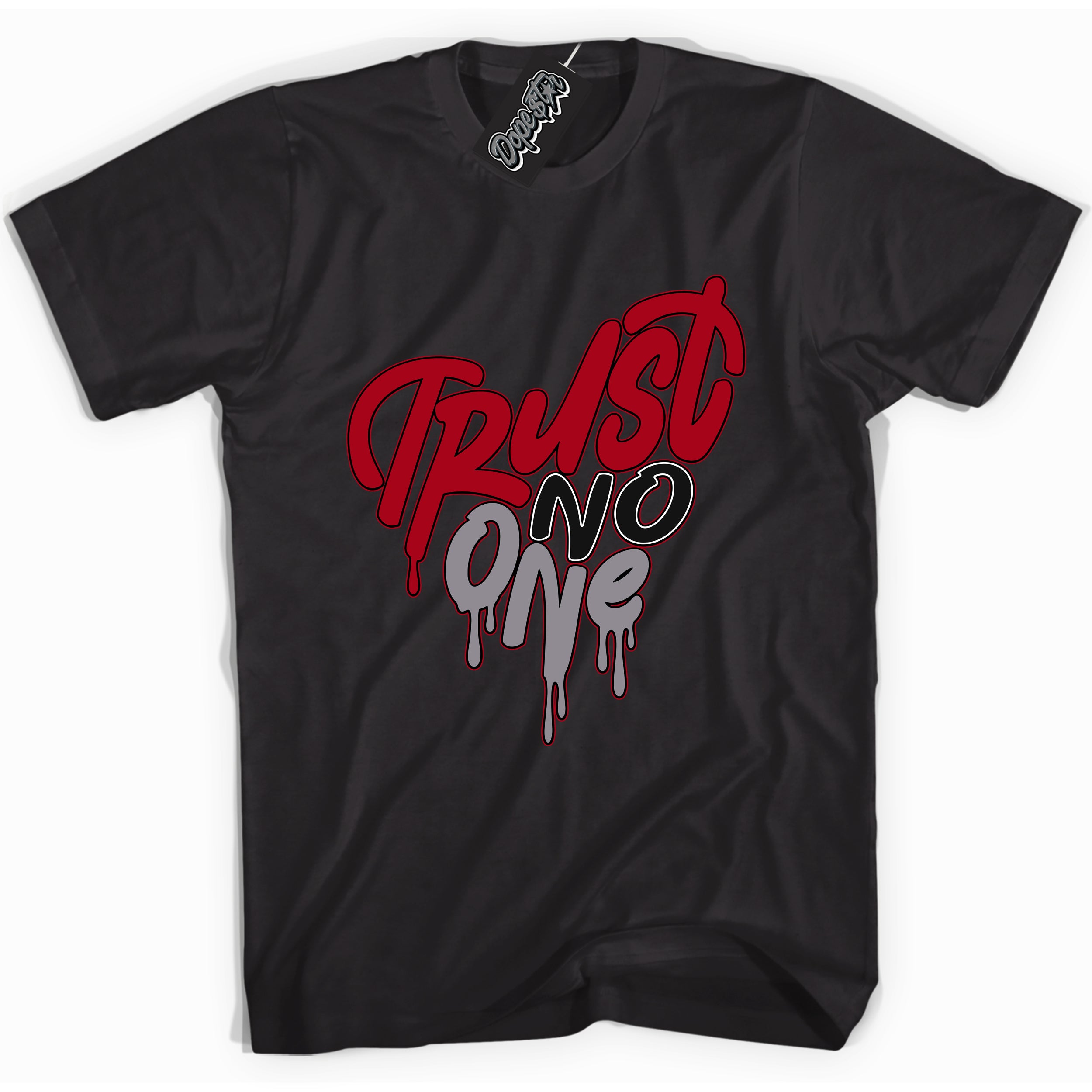 AJ5 Retro OG Black Metallic Reimagined “Trust No One Heart” black streetwear t-shirt and matching sneaker tee for men and women by Sneaker Shirts Outlet.
