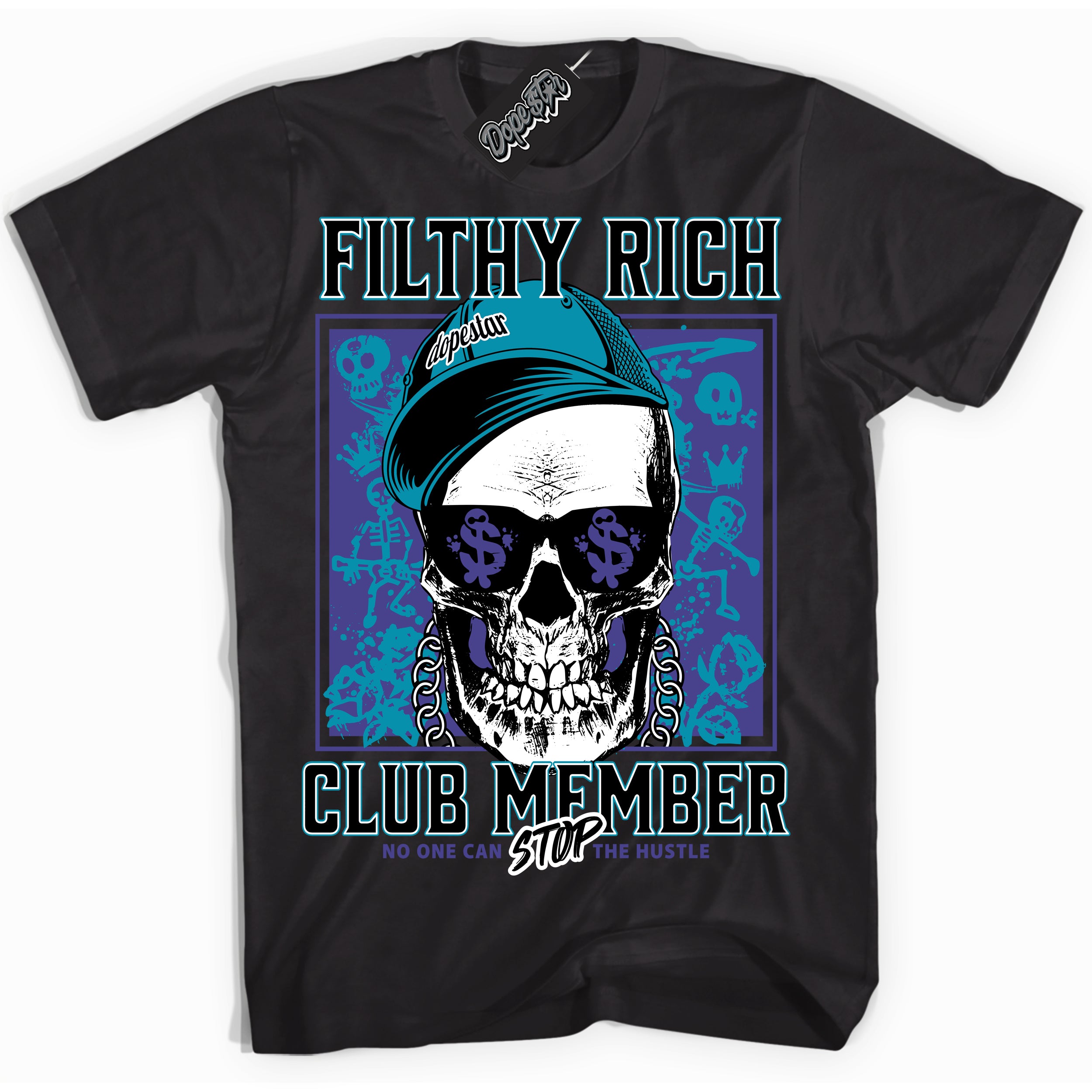 Cool Black Shirt with “ Filthy Rich” design that perfectly matches Aqua 6s Sneakers.