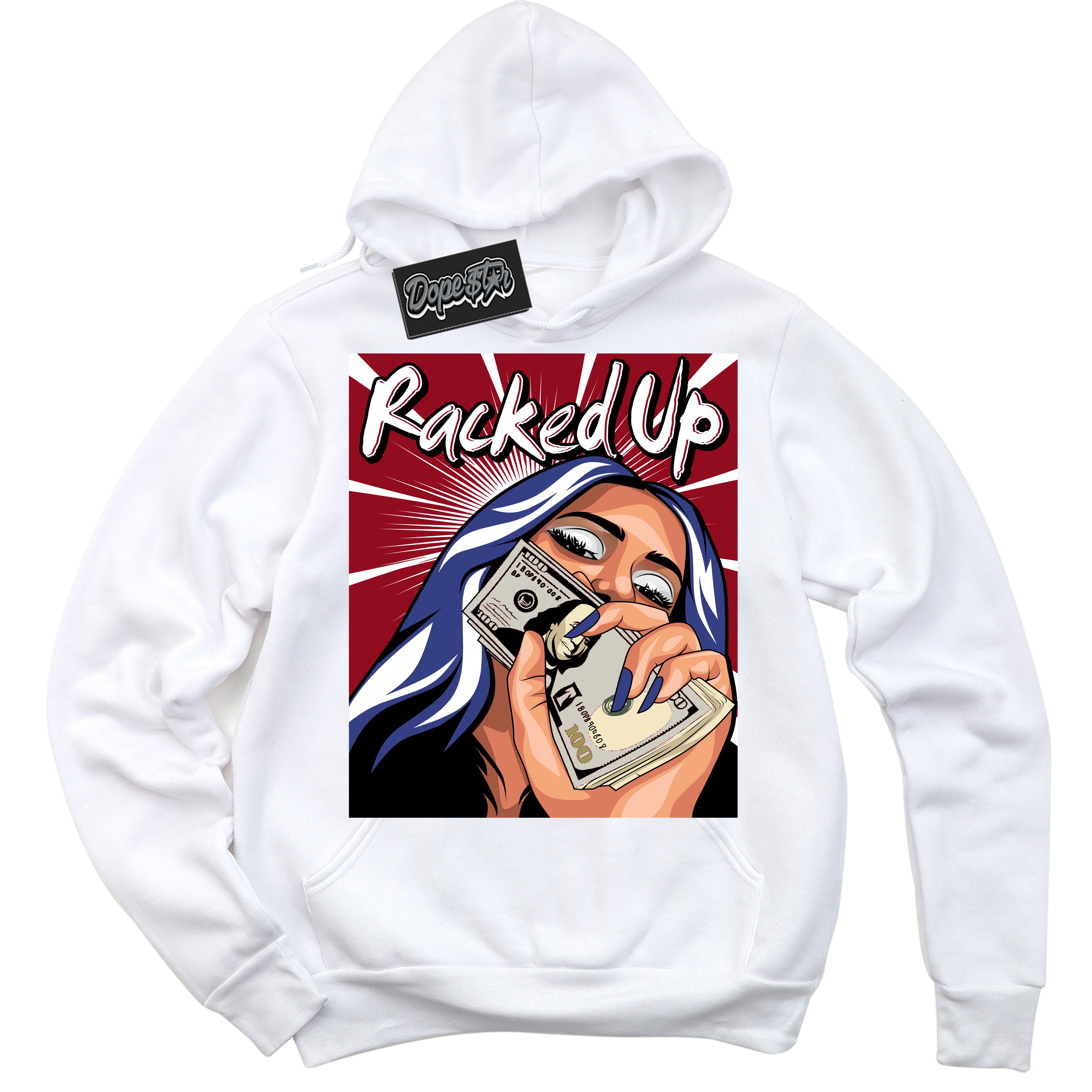 Cool White Hoodie with “ Racked Up ”  design that Perfectly Matches Playoffs 8s Sneakers.