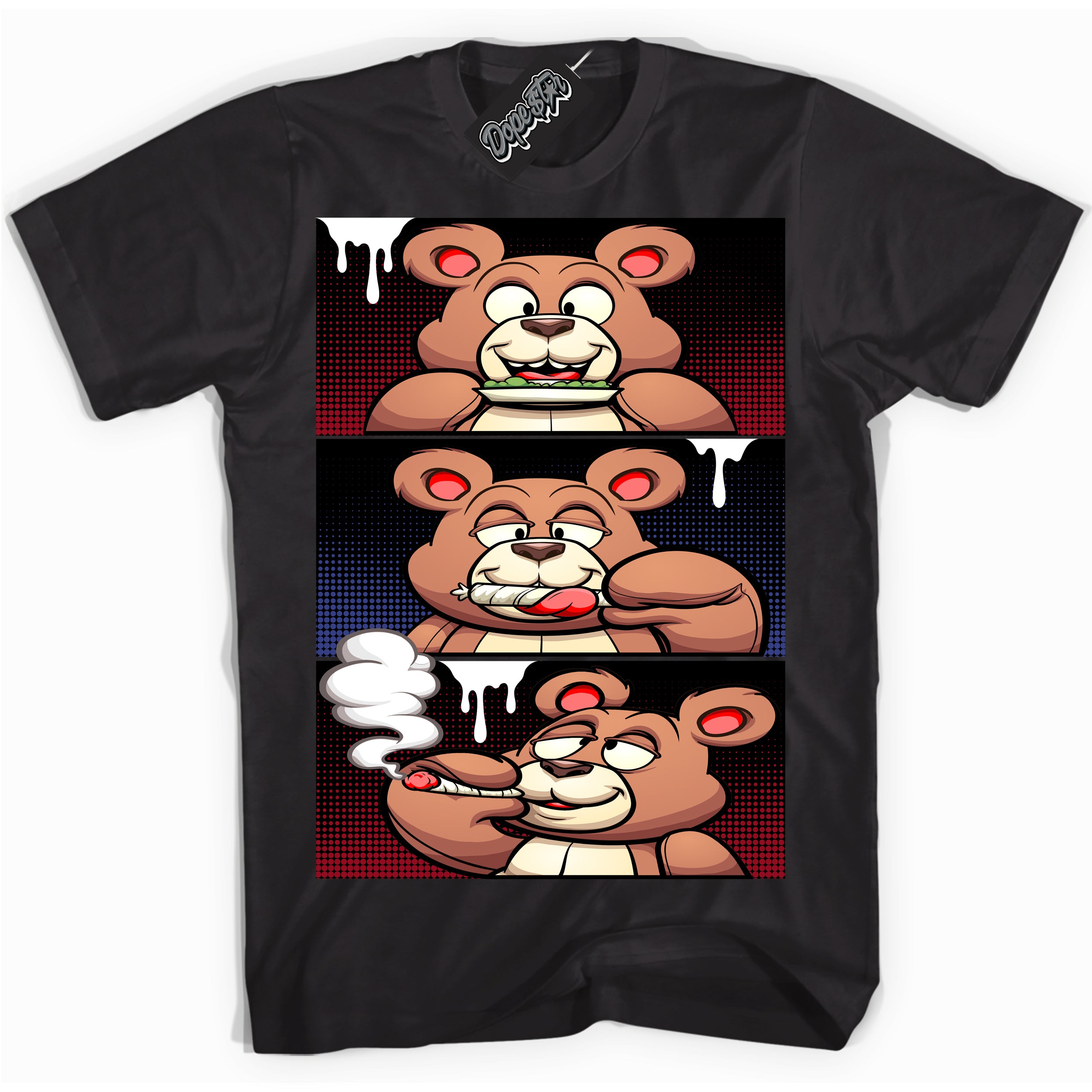Cool Black Shirt with “ Roll It Lick It Smoke It Bear ” design that perfectly matches Playoffs 8s Sneakers.