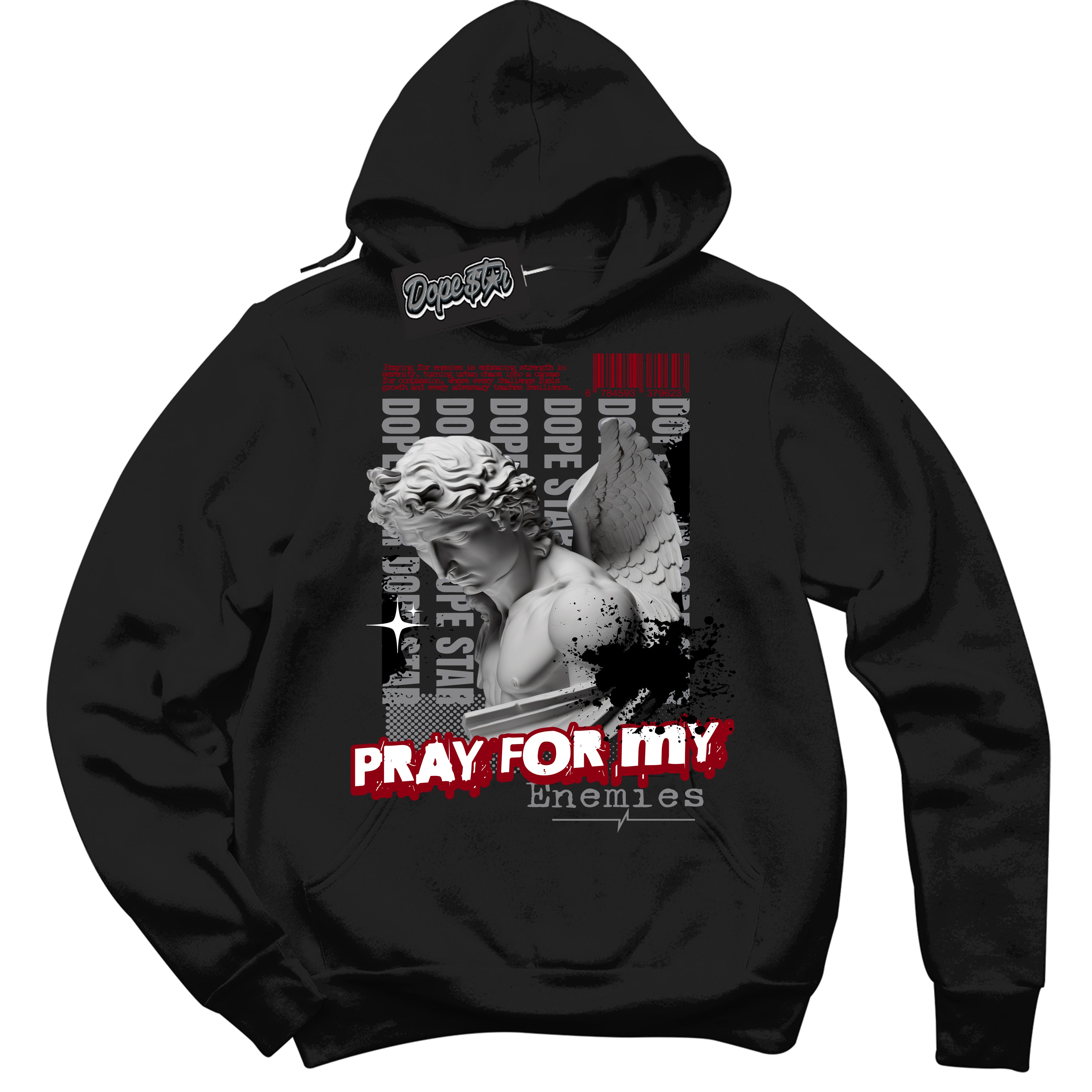 Cool Black Hoodie with “ Pray Enemies ”  design that Perfectly Matches Particle Grey 9s Sneakers.
