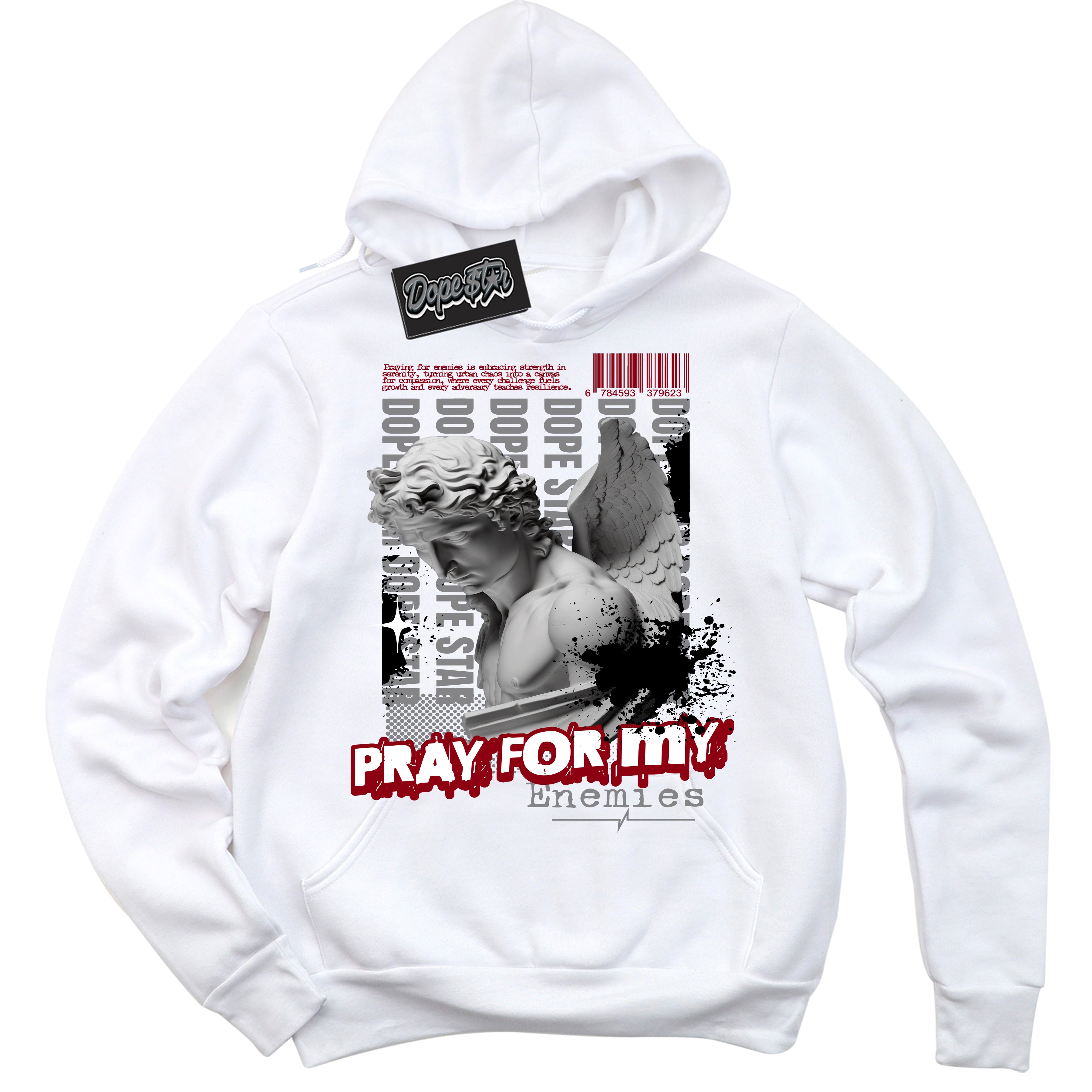 Cool White Hoodie with “ Pray Enemies ”  design that Perfectly Matches Particle Grey 9s Sneakers.