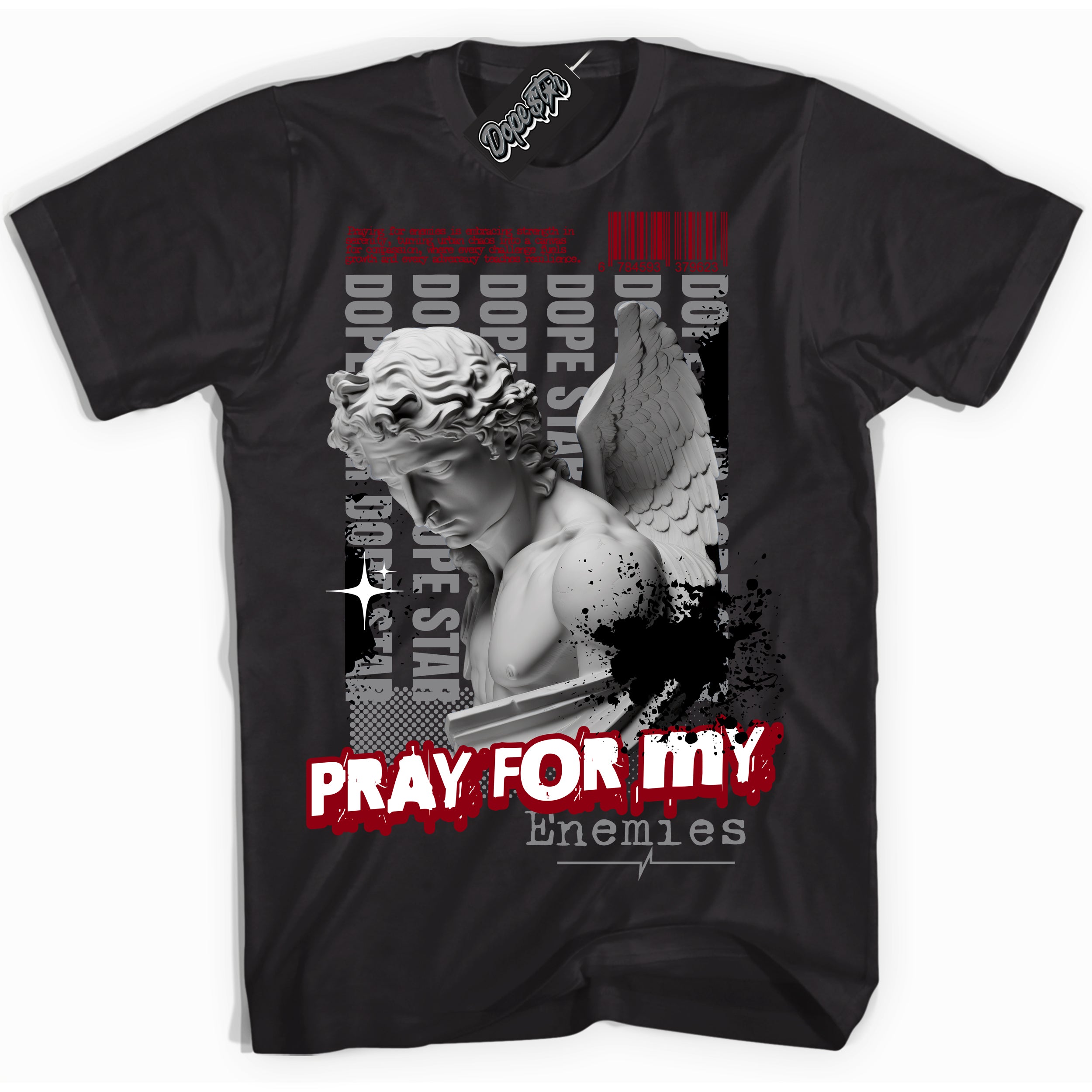 Cool Black Shirt with “ Pray Enemies” design that perfectly matches Particle Grey 9s Sneakers.