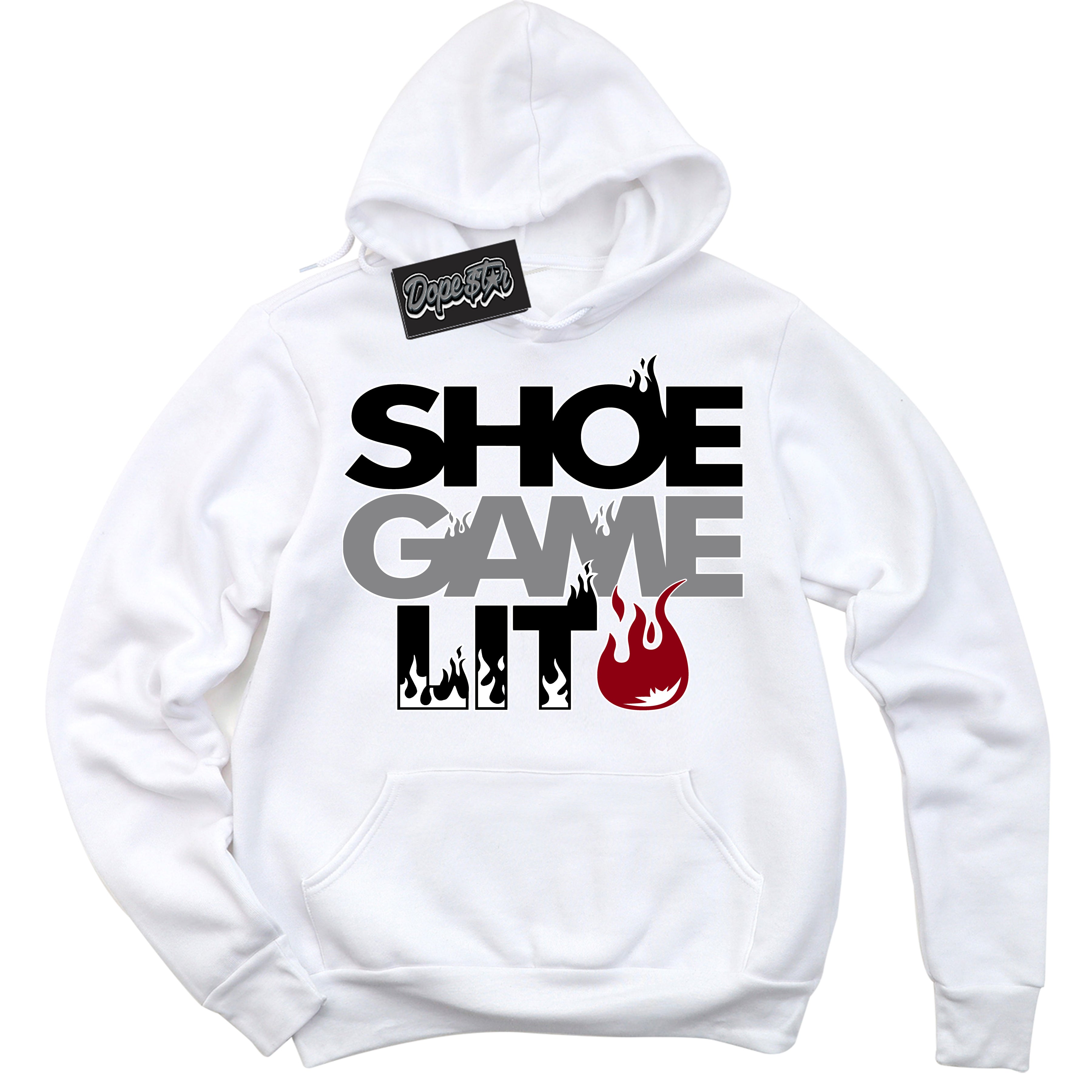Cool White Hoodie with “ Shoe Game Lit '' design that Perfectly Matches  Particle Grey 9s Sneakers.
