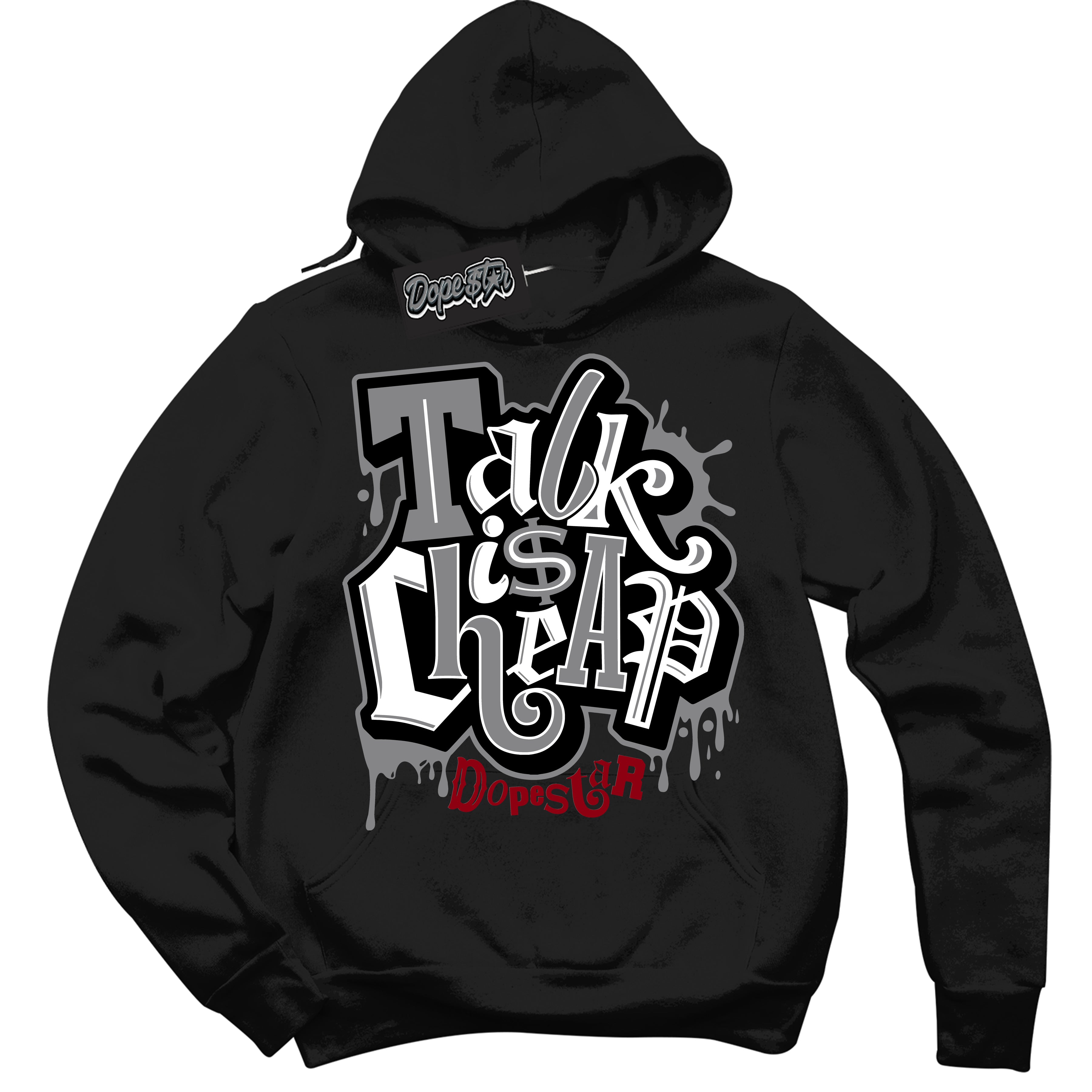 Cool Black Hoodie with “ Talk Is Cheap ”  design that Perfectly Matches Particle Grey 9s Sneakers.