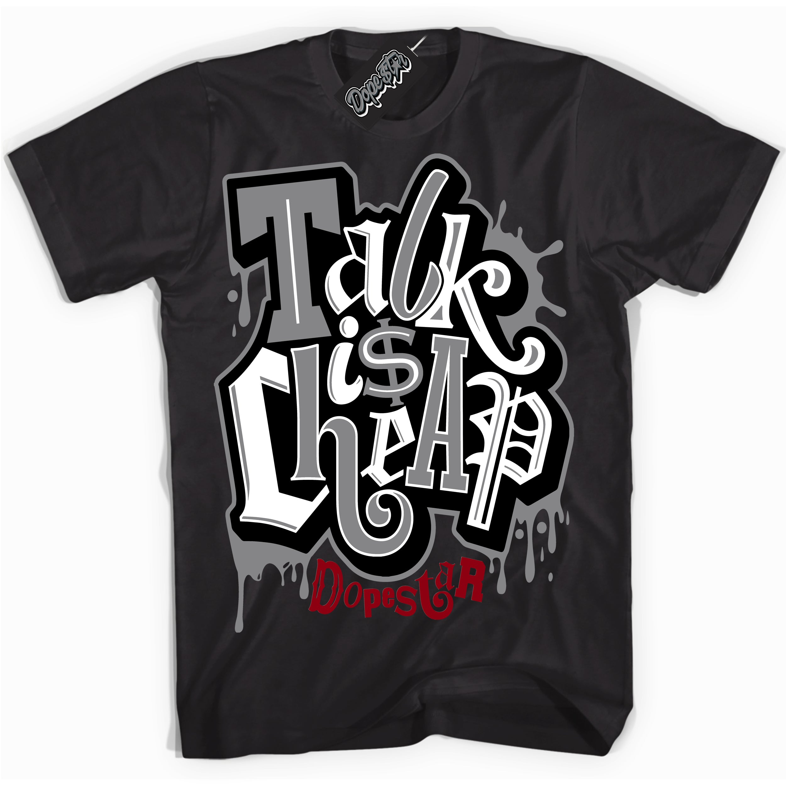 Cool Black Shirt with “ Talk Is Cheap” design that perfectly matches Particle Grey 9s Sneakers.