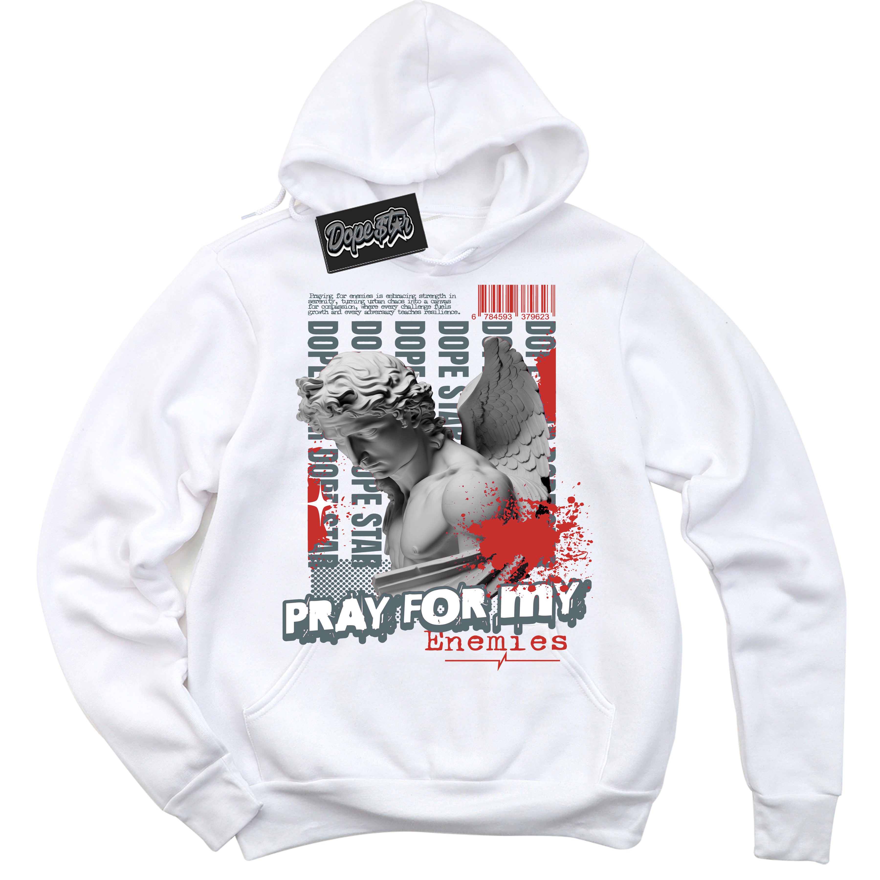 Cool White Hoodie with “ Pray Enemies ”  design that Perfectly Matches Red Fire 9s Sneakers.