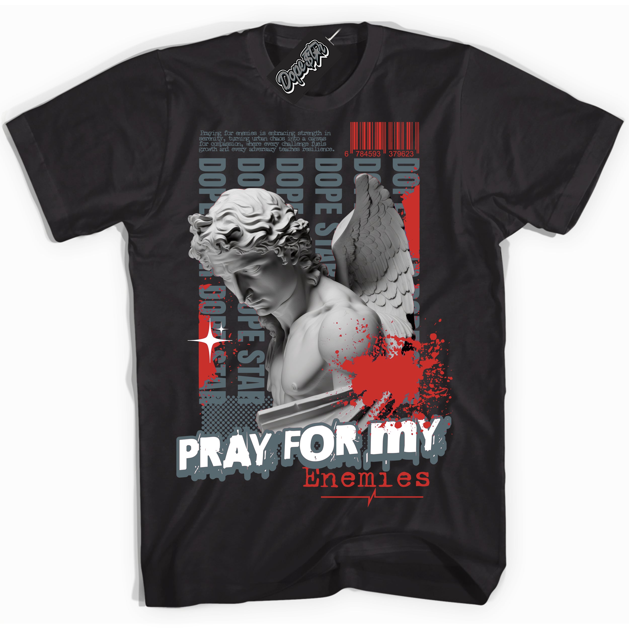 Cool Black Shirt with “ Pray Enemies” design that perfectly matches Red Fire 9s Sneakers.