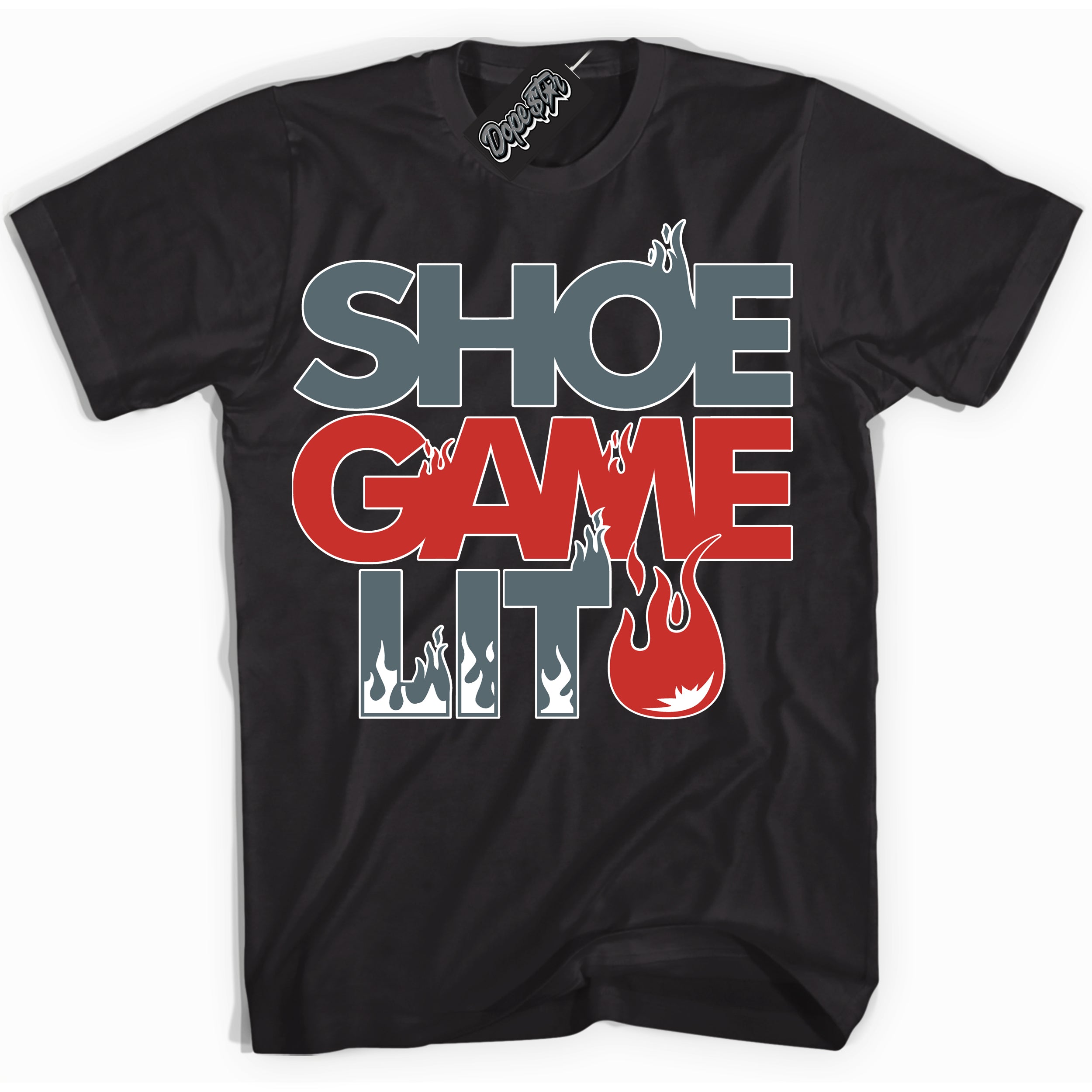 Cool Black Shirt with “ Shoe Game Lit ” design that perfectly matches Red Fire 9s Sneakers.