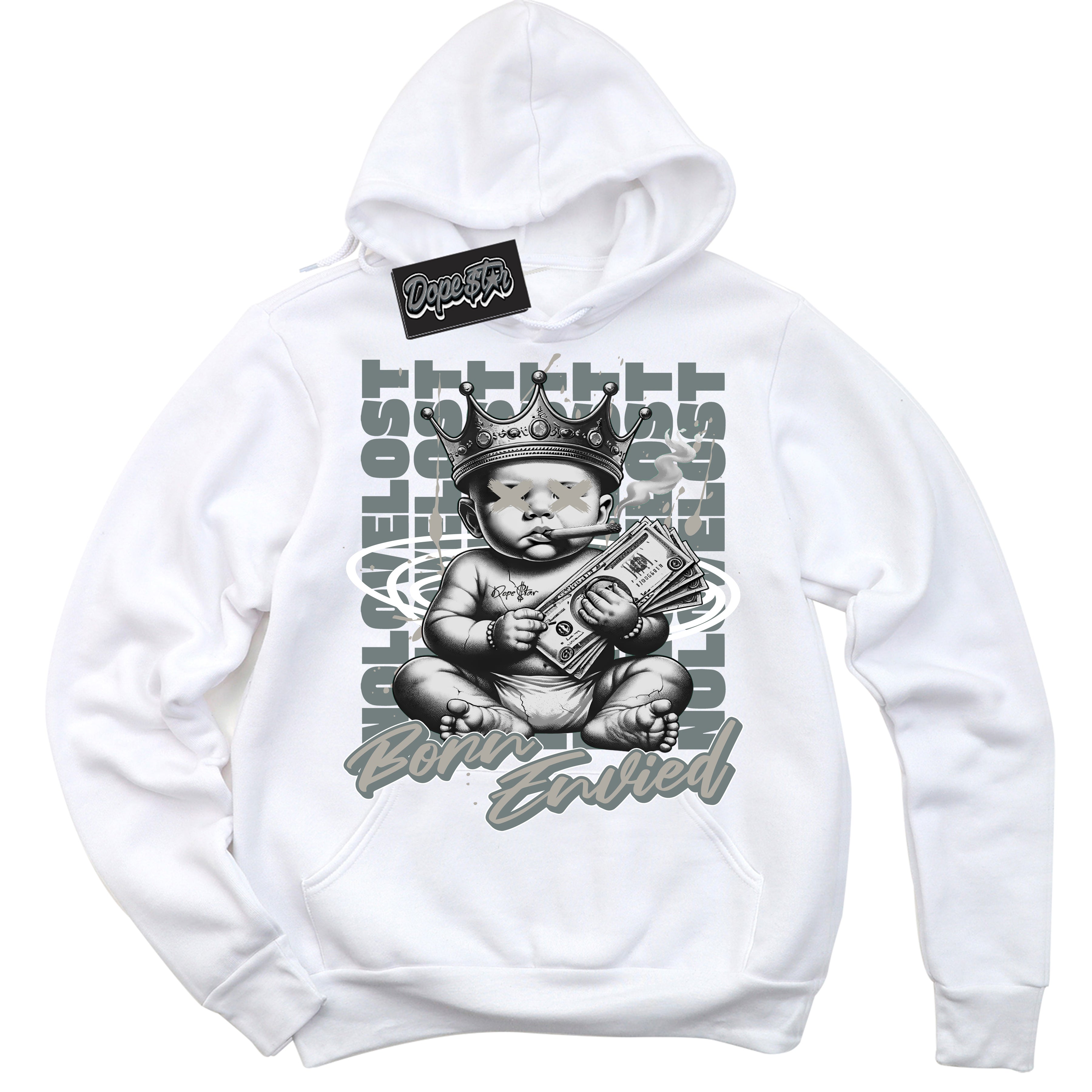 AJ9 Retro Cool Grey ‘Born Envied’ – White Streetwear Hoodie | Sneaker Matching sweatshirt for AJ9 Retro Cool Grey | Men's and Women's Streetwear Graphic Hoodie by Sneaker Shirts Outlet