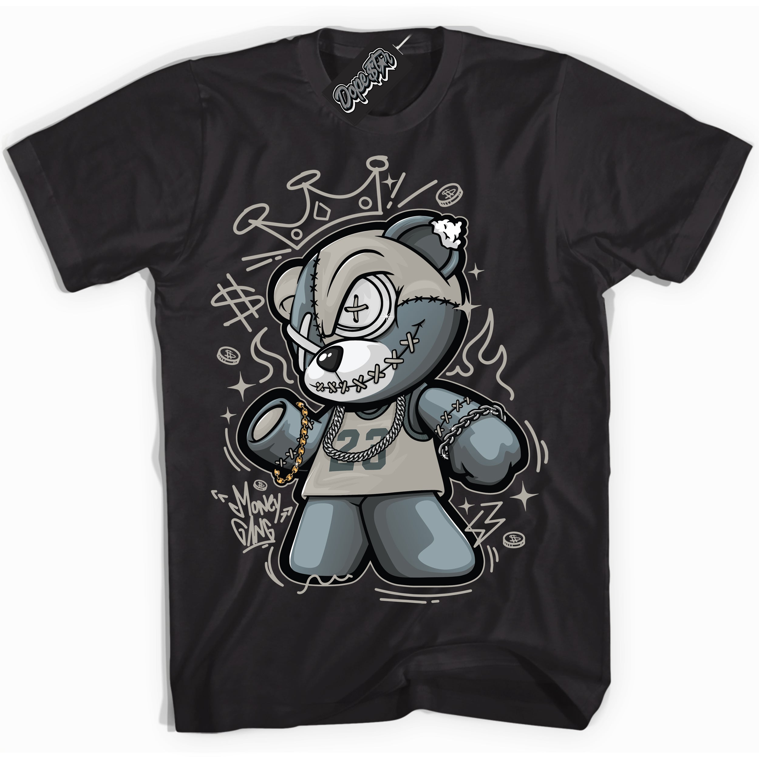 AJ9 Retro Cool Grey ‘Money Gang Bear’ – Black Streetwear T-Shirt | Sneaker Matching shirt for AJ9 Retro Cool Grey | Men's and Women's Streetwear Graphic Tee by Sneaker Shirts Outlet.
