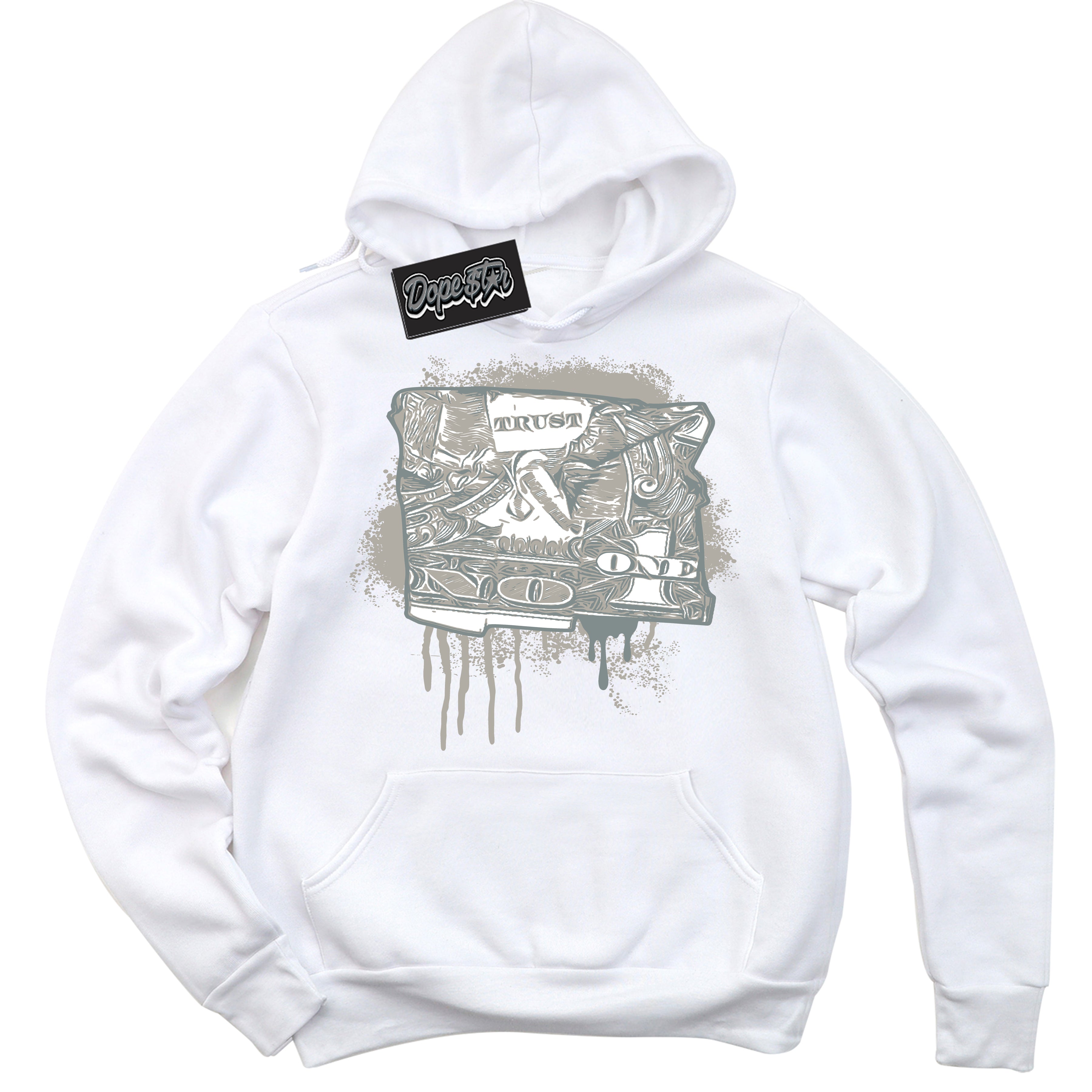 AJ9 Retro Cool Grey ‘Trust No One Dollar’ – White Streetwear Hoodie | Sneaker Matching sweatshirt for AJ9 Retro Cool Grey | Men's and Women's Streetwear Graphic Hoodie by Sneaker Shirts Outlet
