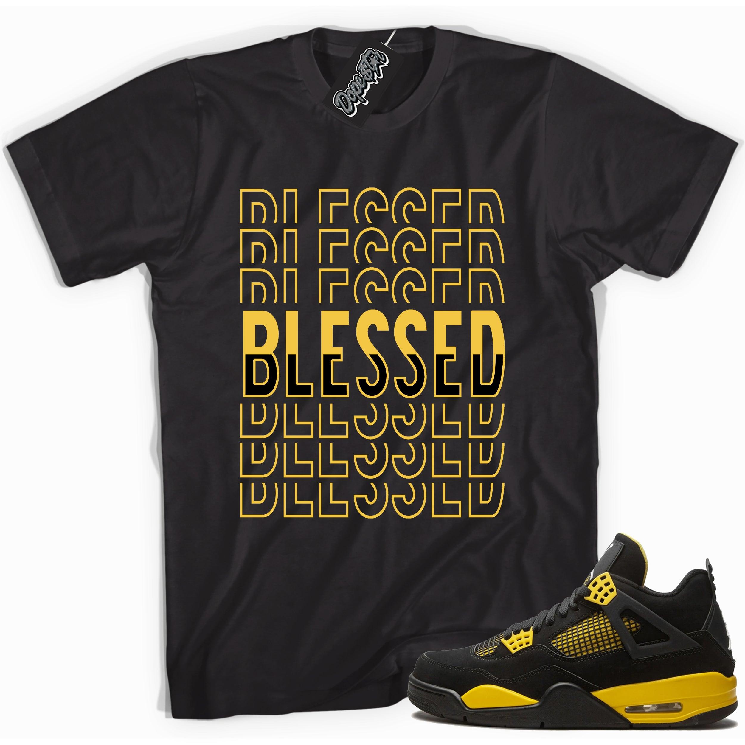 Cool black graphic tee with 'blessed' print, that perfectly matches  Air Jordan 4 Thunder sneakers