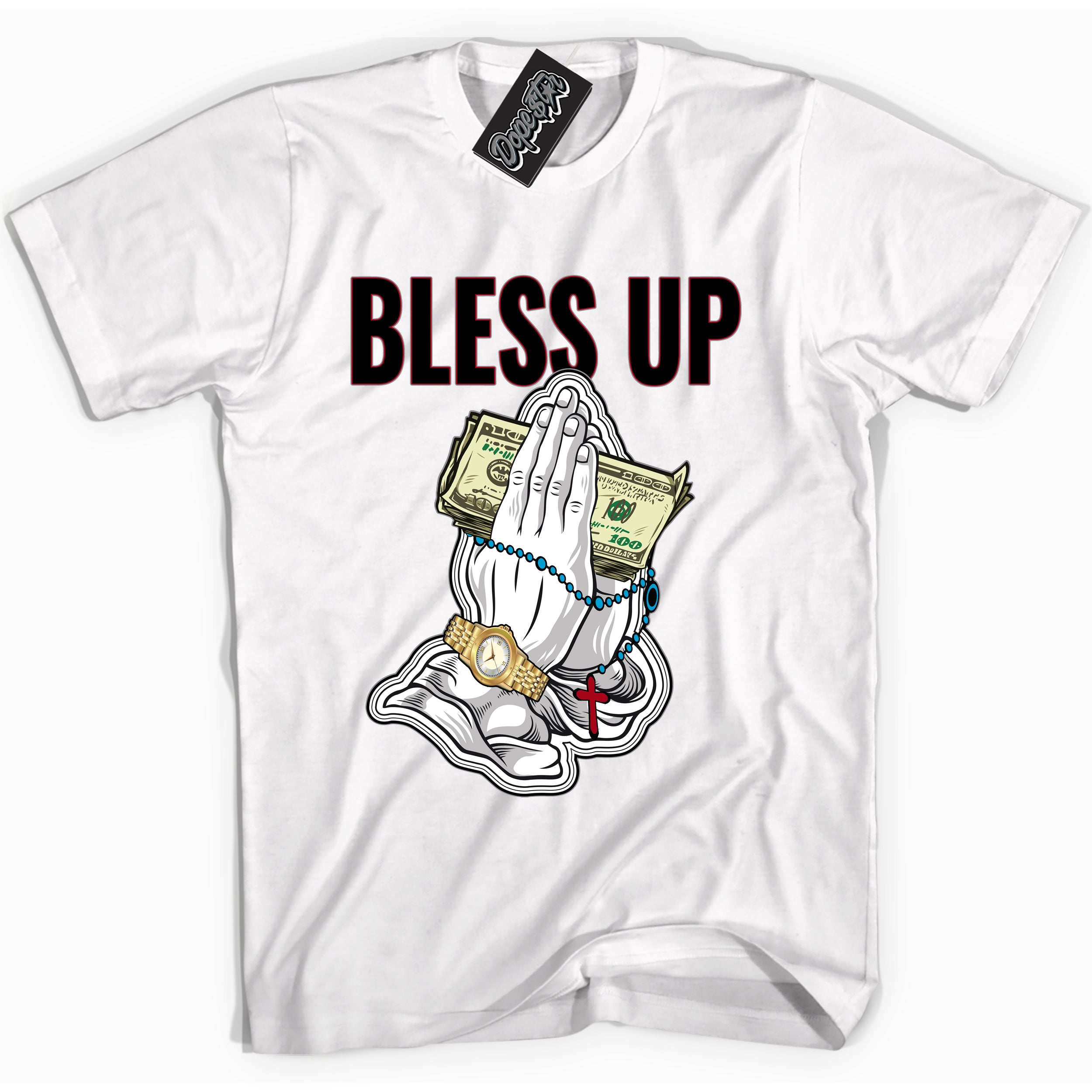 Cool White Shirt with “ Bless Up” design that perfectly matches Bred Reimagined 4s Jordans.