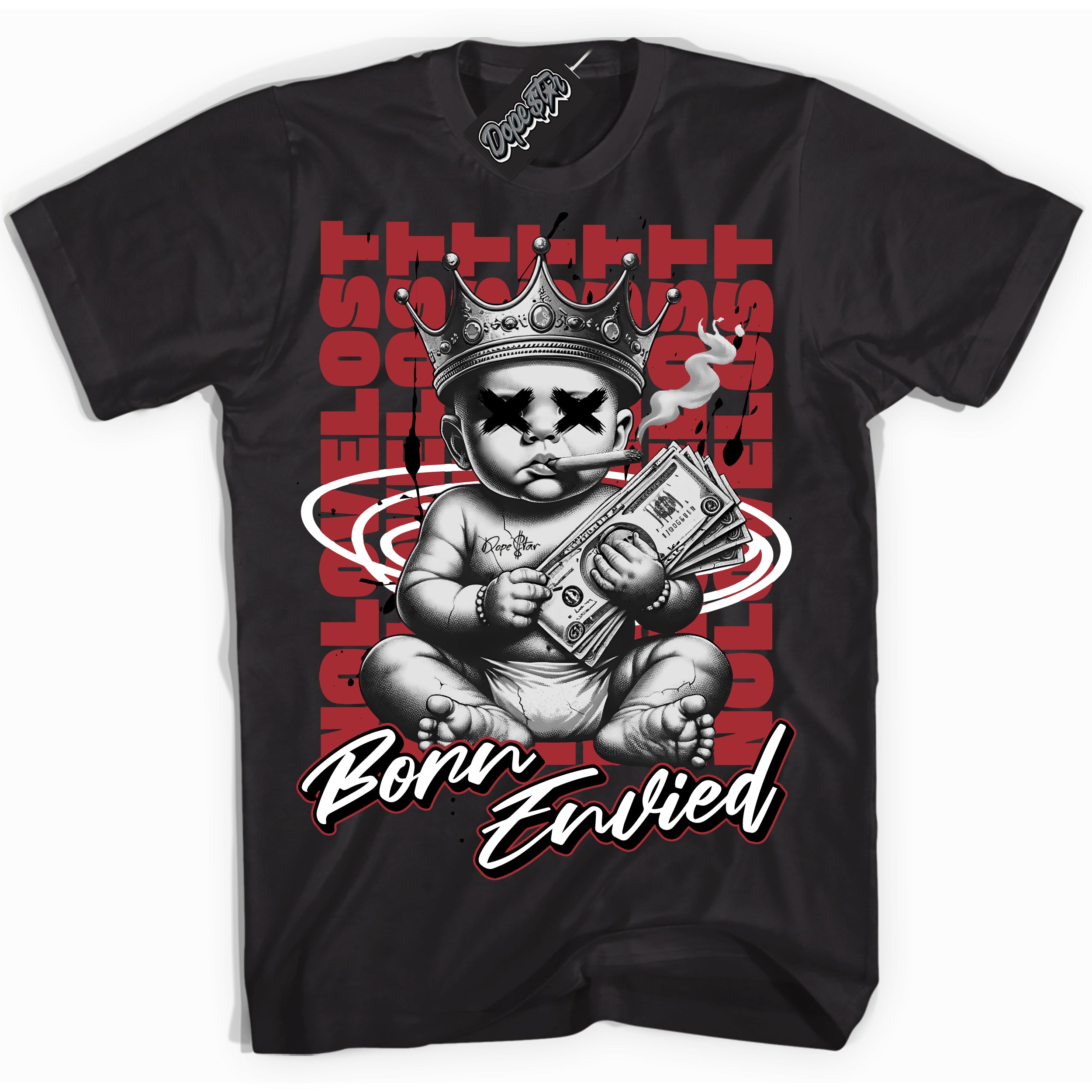 Cool Black Shirt with “Born Envied” design that perfectly matches the Black Toe 14s Sneakers.