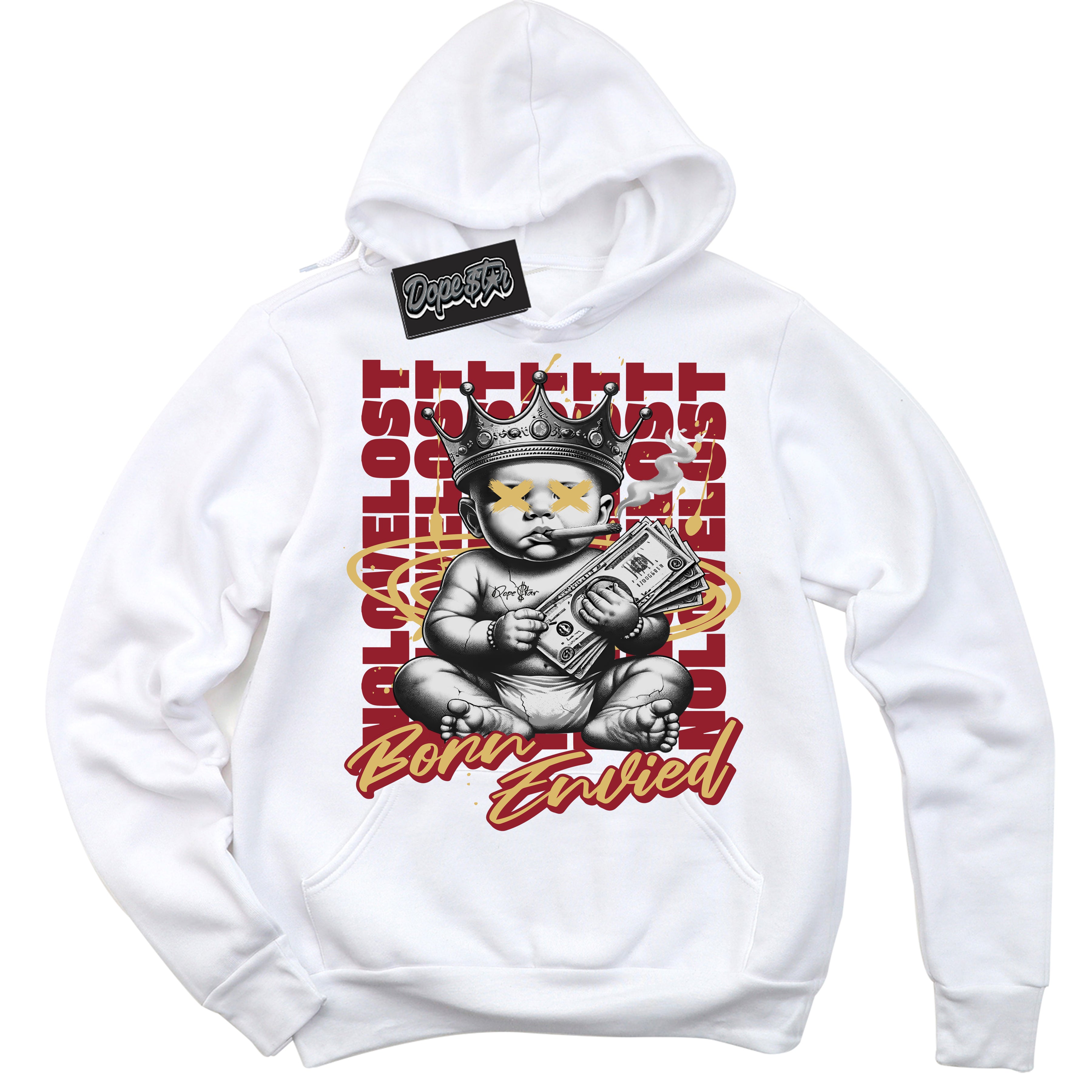 Cool White Hoodie with “Born Envied” design that Perfectly Matches Method of Make Gym Red Metallic Gold 1s Sneakers.