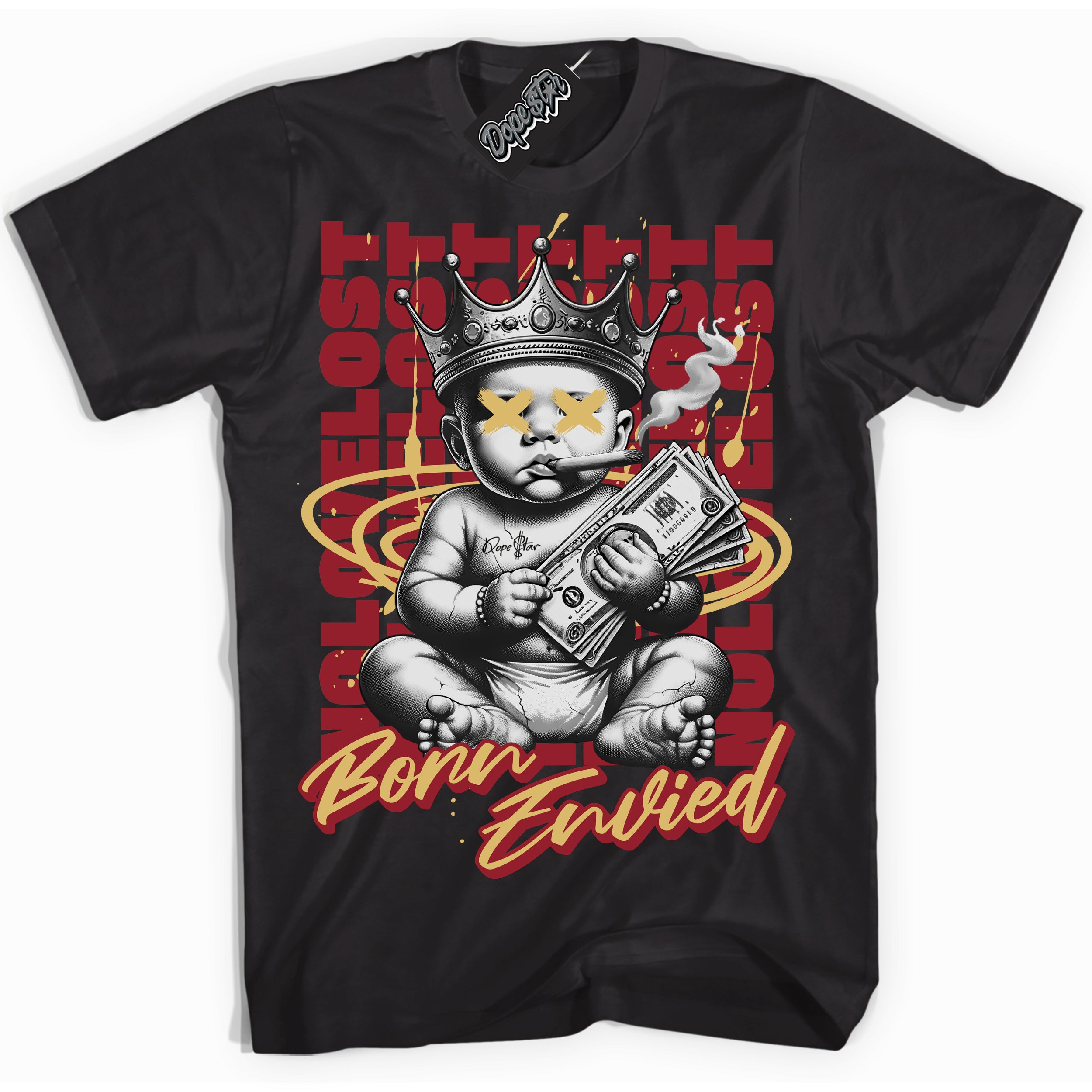 Cool Black Shirt with “Born Envied” design that perfectly matches the Method of Make Gym Red Metallic Gold 1s Sneakers.