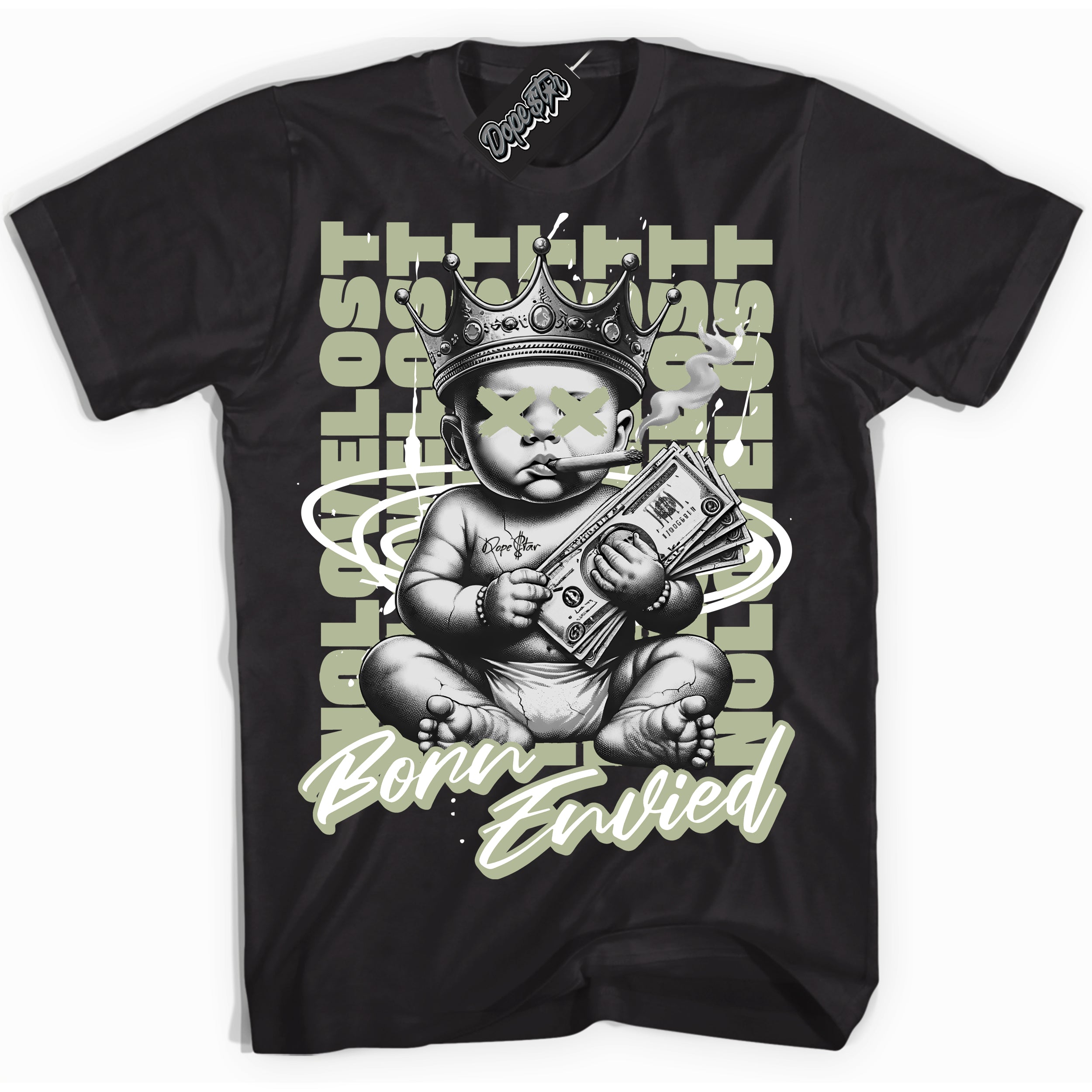 Cool Black Shirt with “Born Envied” design that perfectly matches the Next Nature Olive Aura Dunk Sneakers.