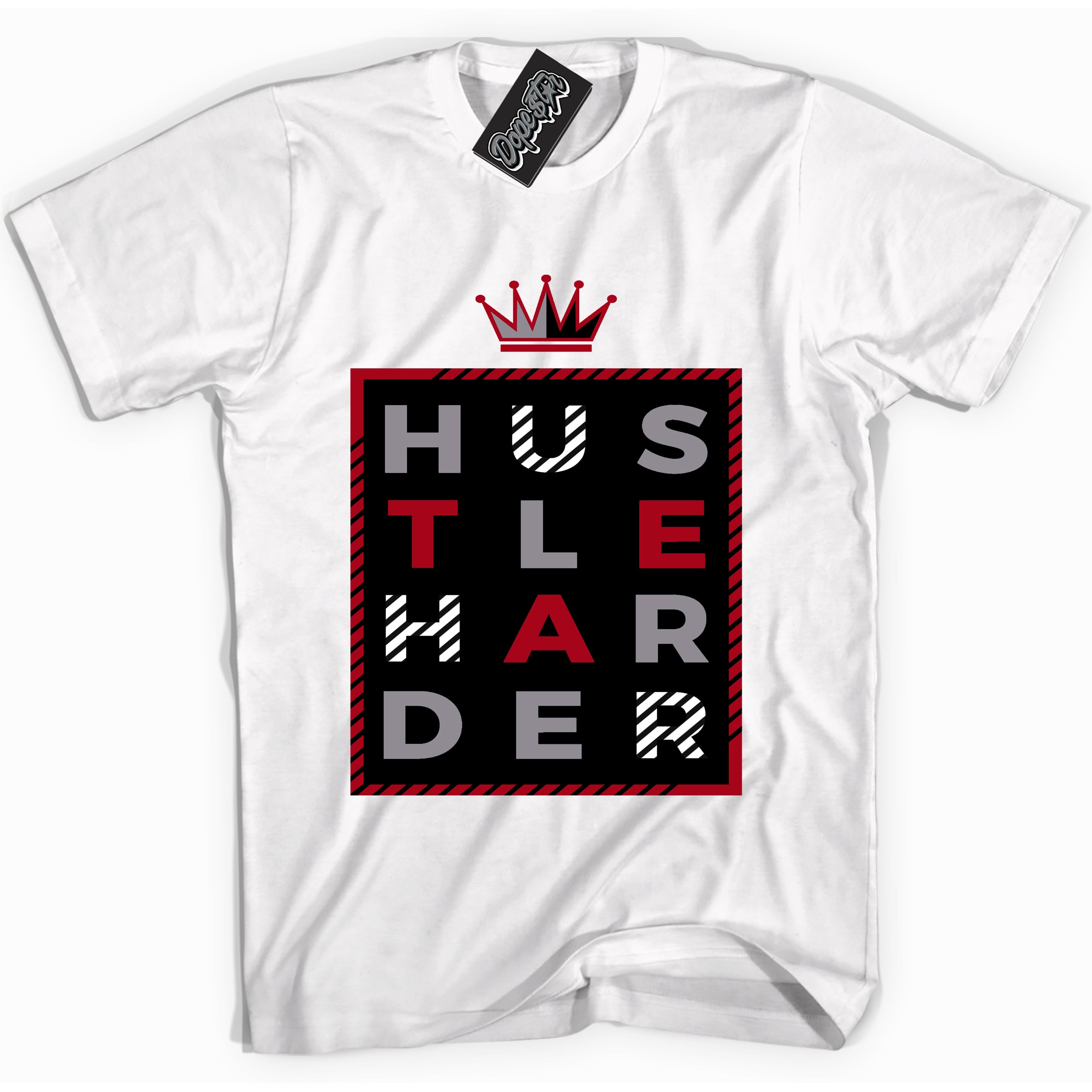 Cool White Shirt with “ Hustle Harder” design that perfectly matches Bred Reimagined 4s Jordans.