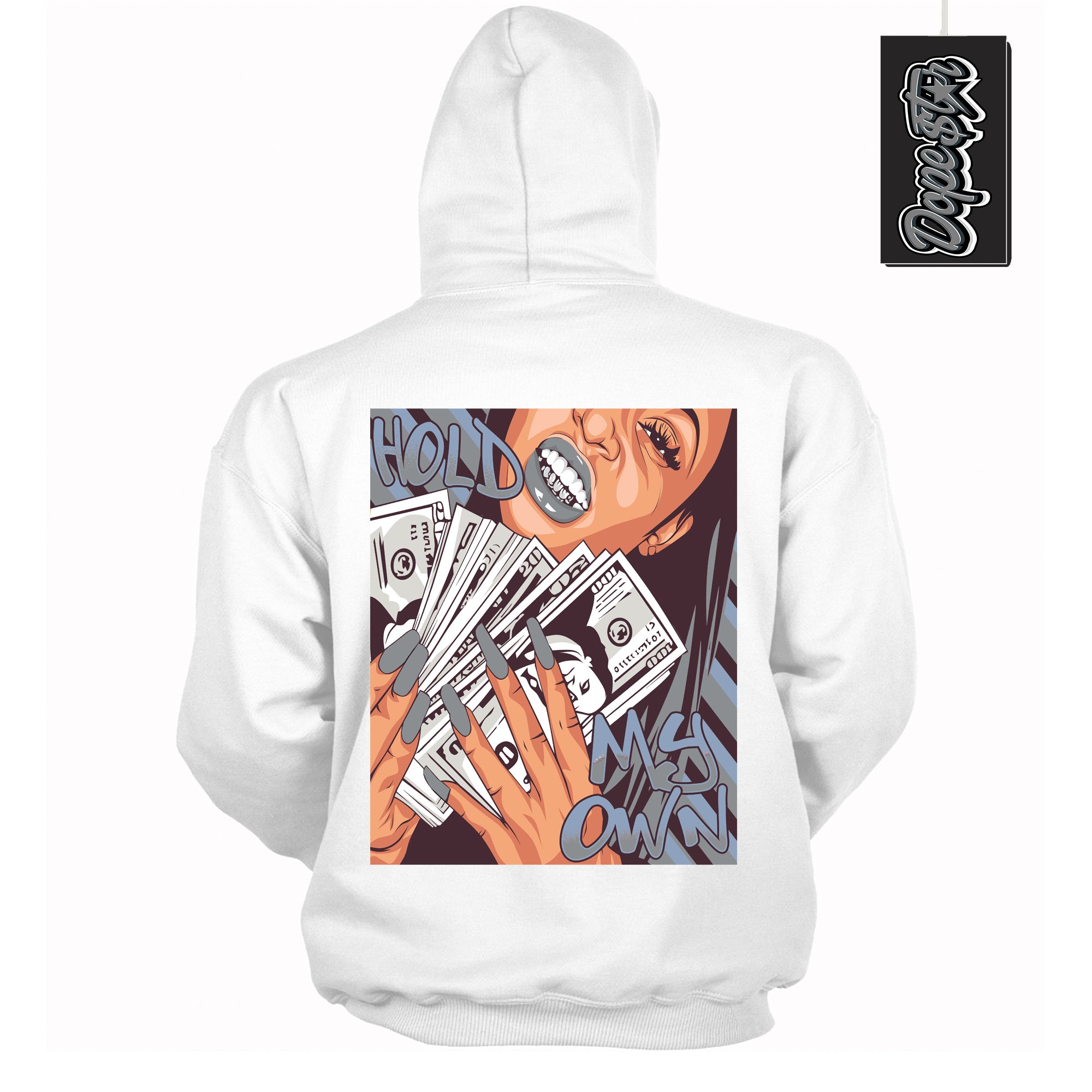 Cool White Hoodie with “ Hold My Own ”  design that Perfectly Matches Burgundy 5s Sneakers.