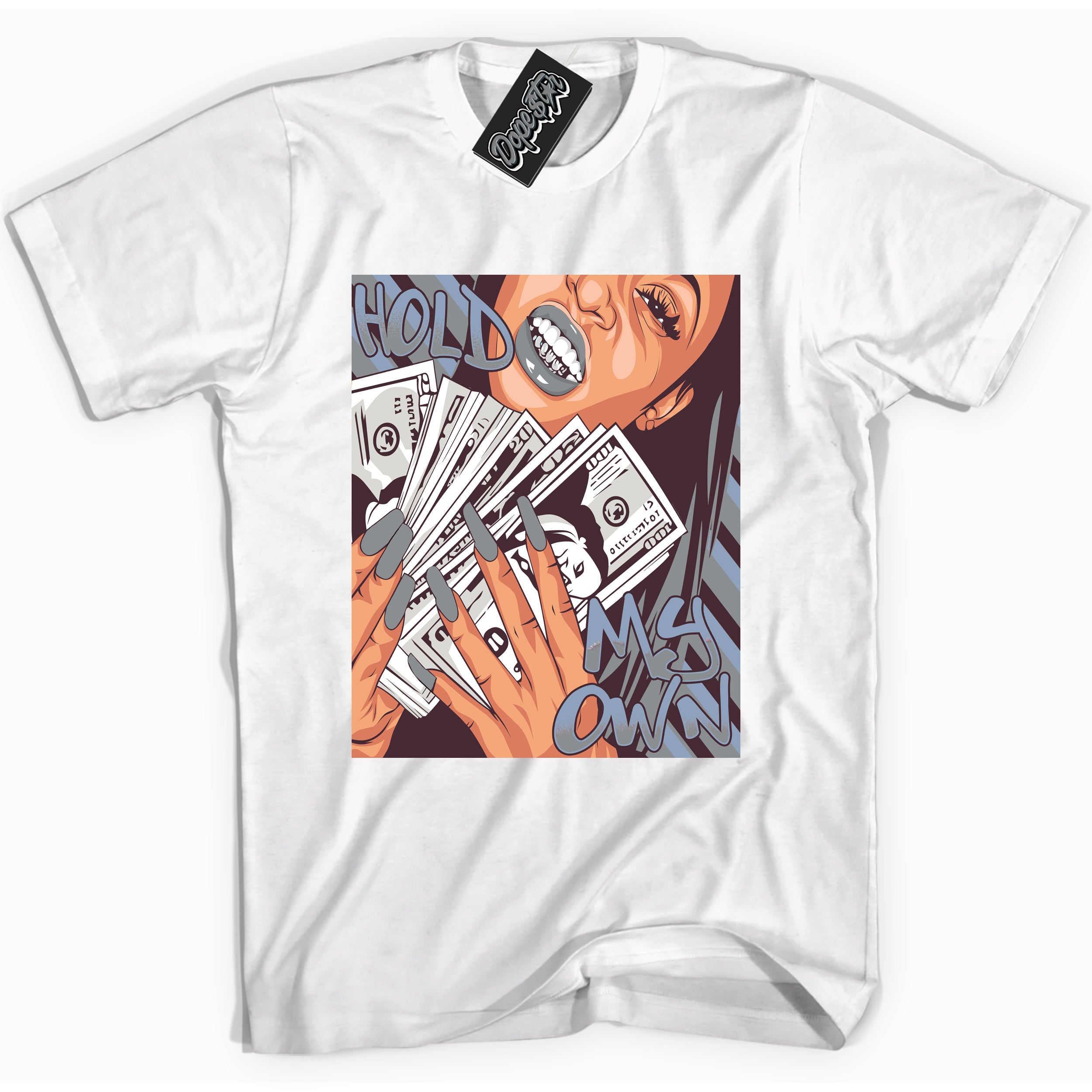Cool White Shirt with “ Hold My Own” design that perfectly matches Burgundy 5s Sneakers.