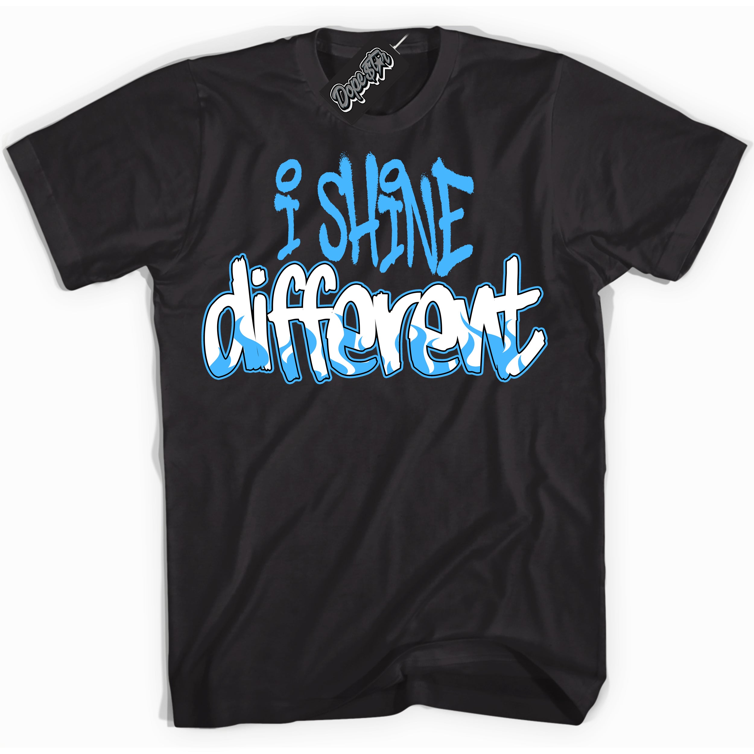 Cool black graphic tee with “ I Shine Different ” design, that perfectly matches Powder Blue 9s sneakers 