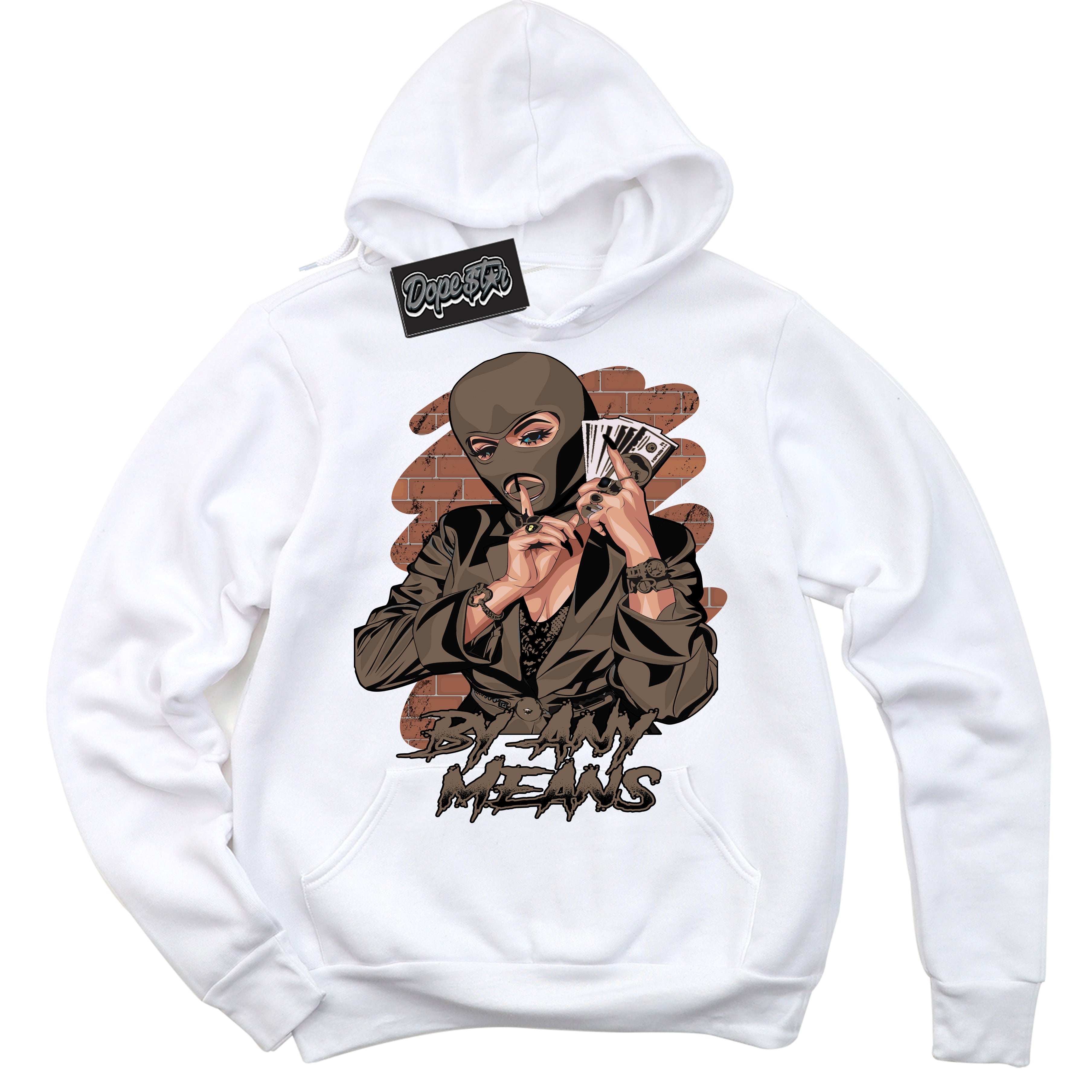 Cool White Hoodie with “By Any Means” design that Perfectly Matches Jumpman Jack TR Travis Scott Dark Mocha Sneakers.