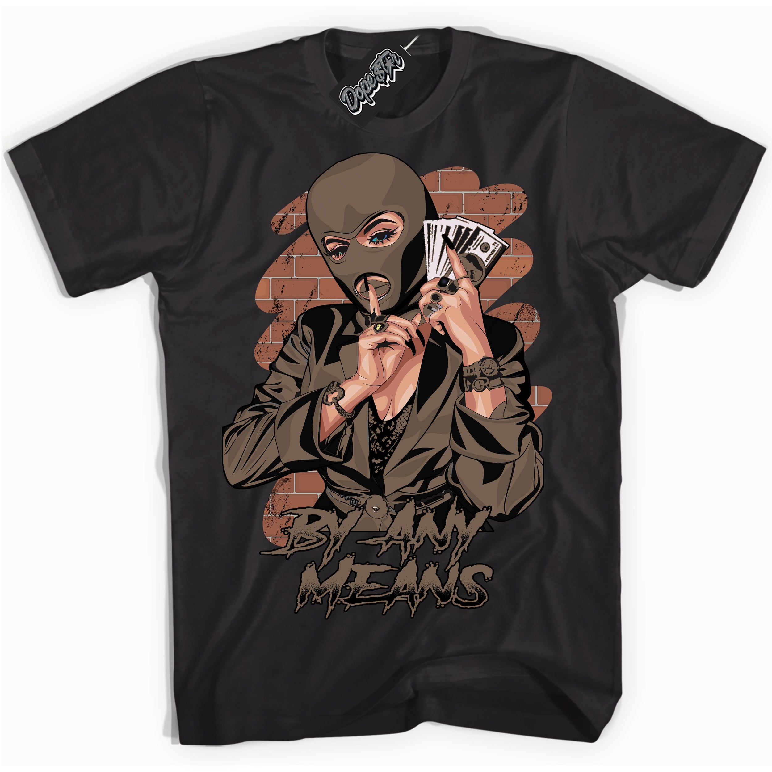 Cool Black Shirt with “By Any Means” design that perfectly matches the Jumpman Jack TR Travis Scott Dark Mocha Sneakers.