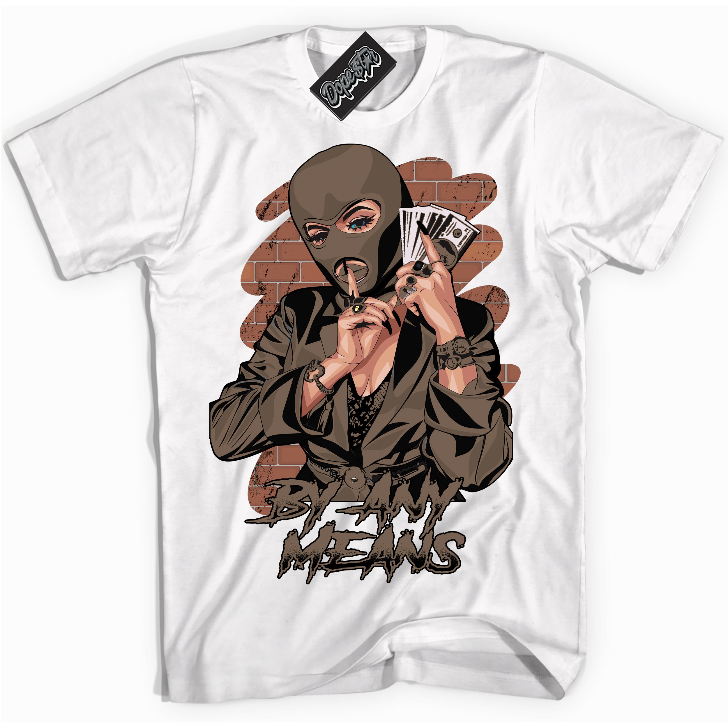 Cool White Shirt with “By Any Means” design that perfectly matches the Jumpman Jack TR Travis Scott Dark Mocha Sneakers.