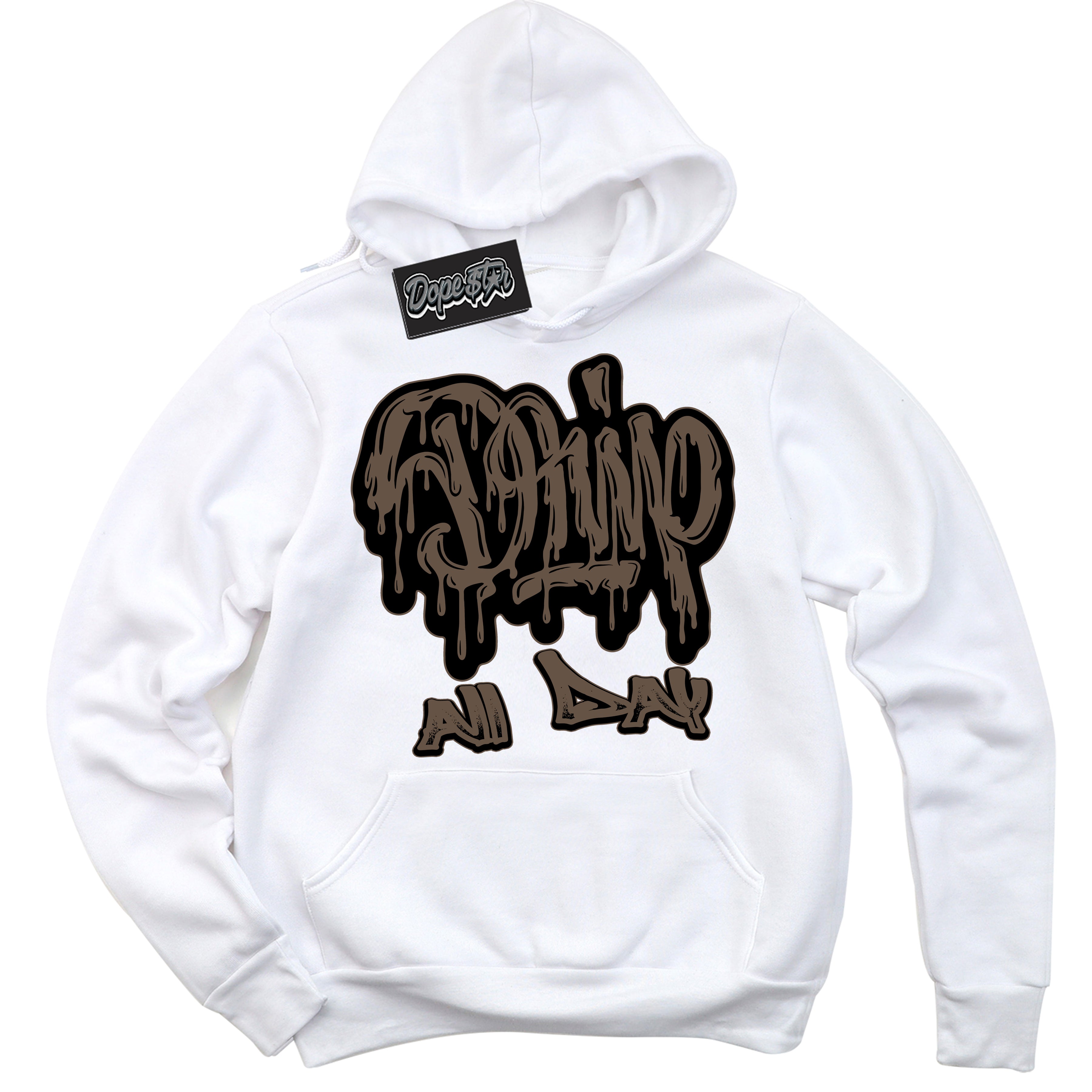 Cool White Hoodie with “Drip All Day” design that Perfectly Matches Jumpman Jack TR Travis Scott Dark Mocha Sneakers.