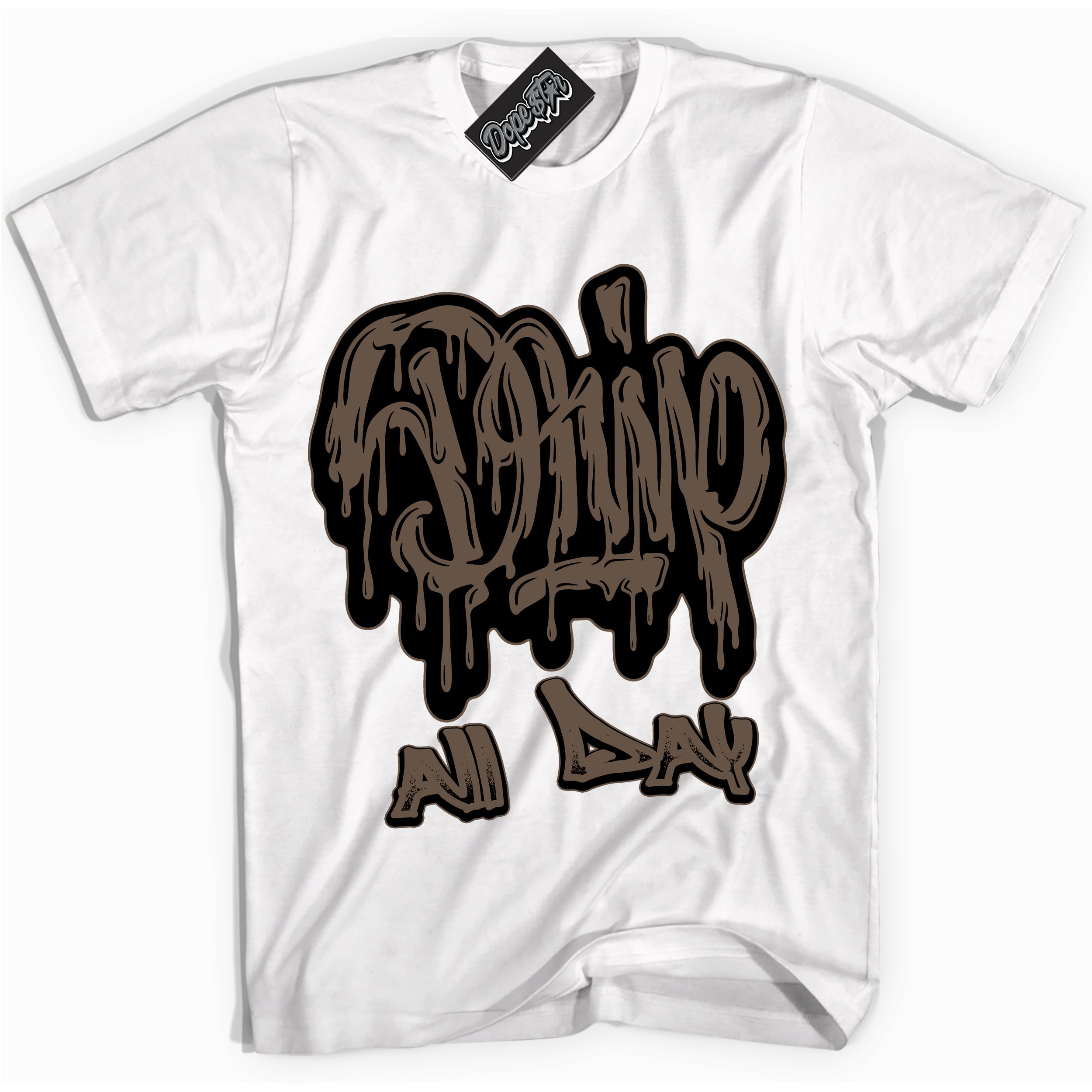Cool White Shirt with “Drip All Day” design that perfectly matches the Jumpman Jack TR Travis Scott Dark Mocha Sneakers.