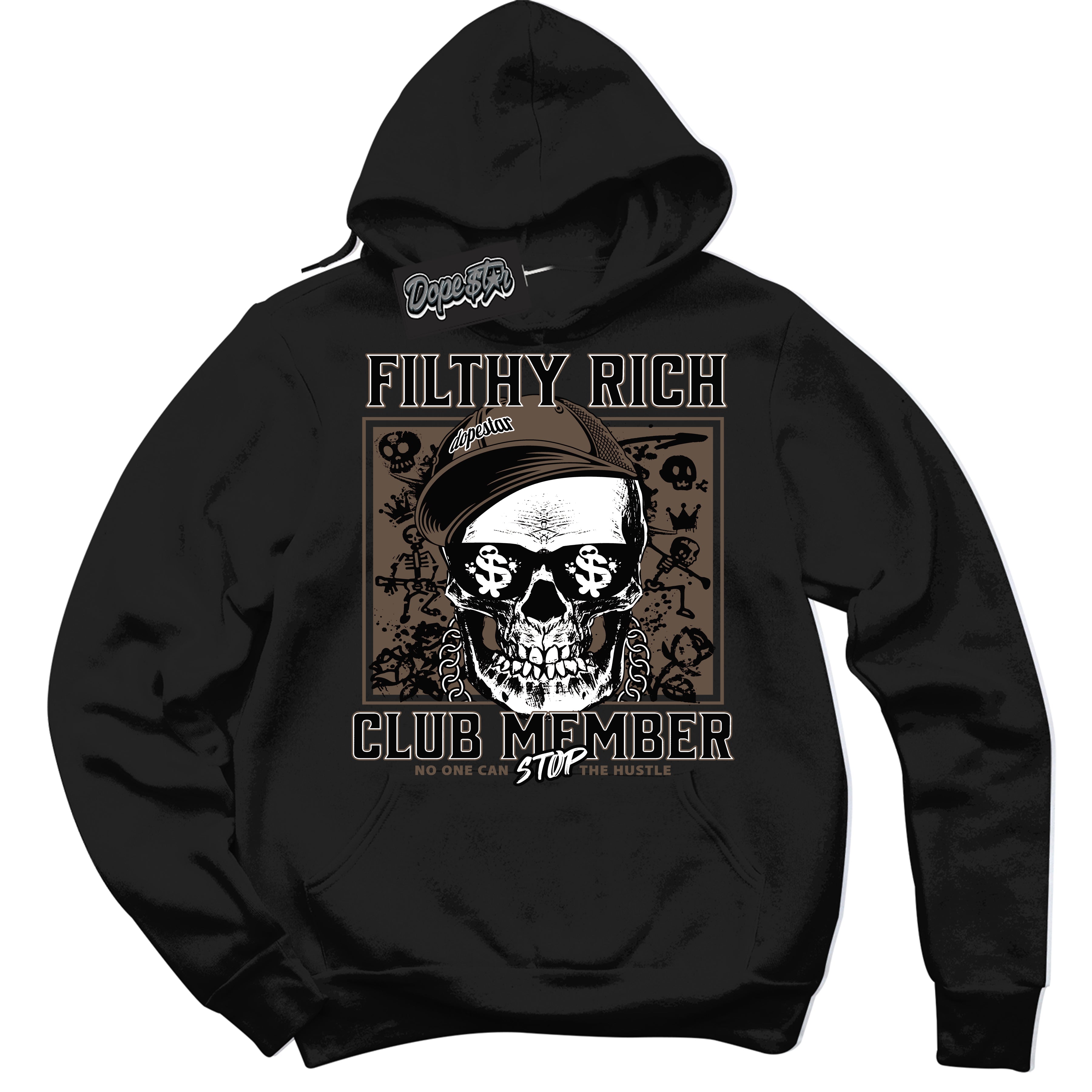 Cool Black Hoodie with “Filthy Rich” design that Perfectly Matches Jumpman Jack TR Travis Scott Dark Mocha Sneakers.