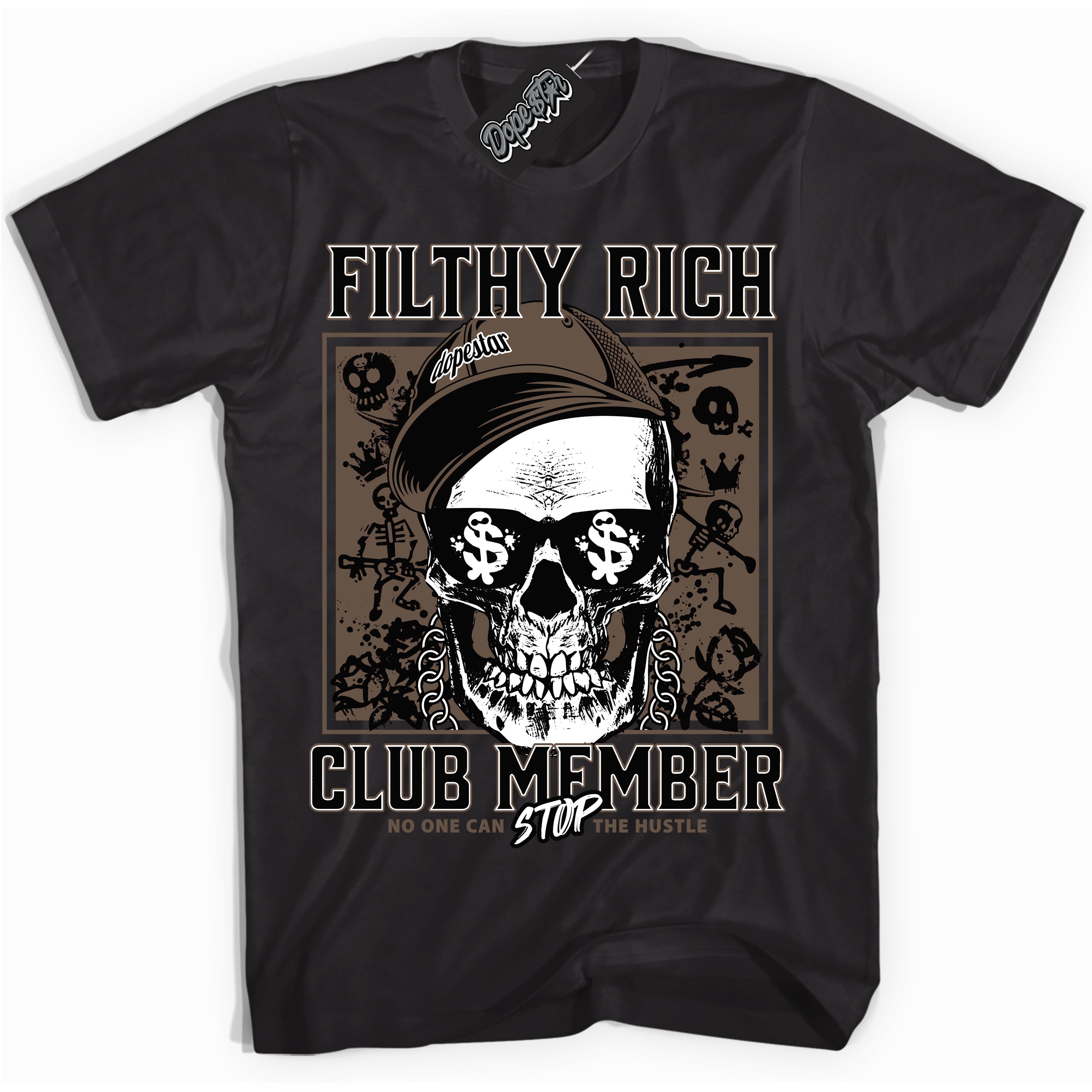 Cool Black Shirt with “Filthy Rich” design that perfectly matches the Jumpman Jack TR Travis Scott Dark Mocha Sneakers.