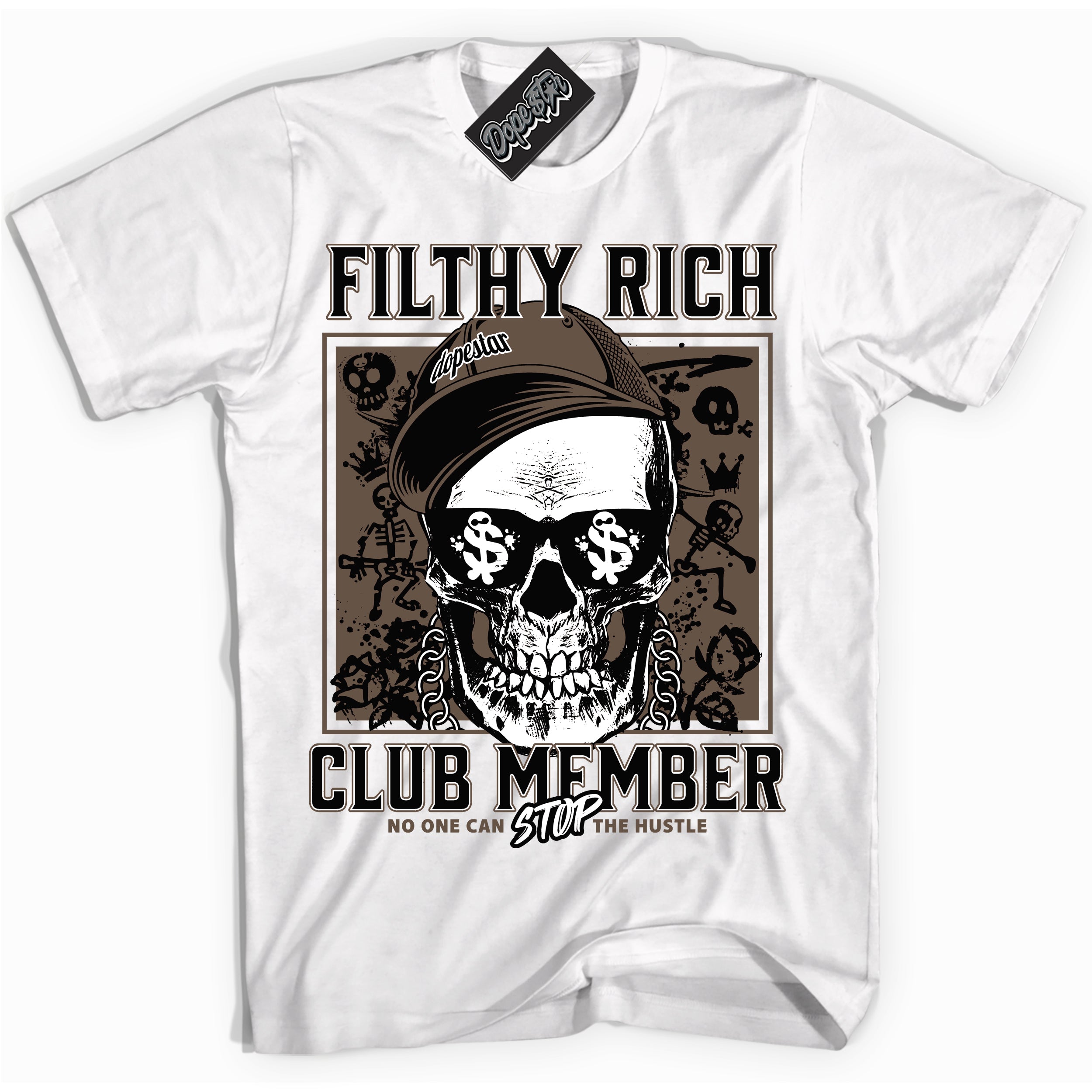 Cool White Shirt with “Filthy Rich” design that perfectly matches the Jumpman Jack TR Travis Scott Dark Mocha Sneakers.