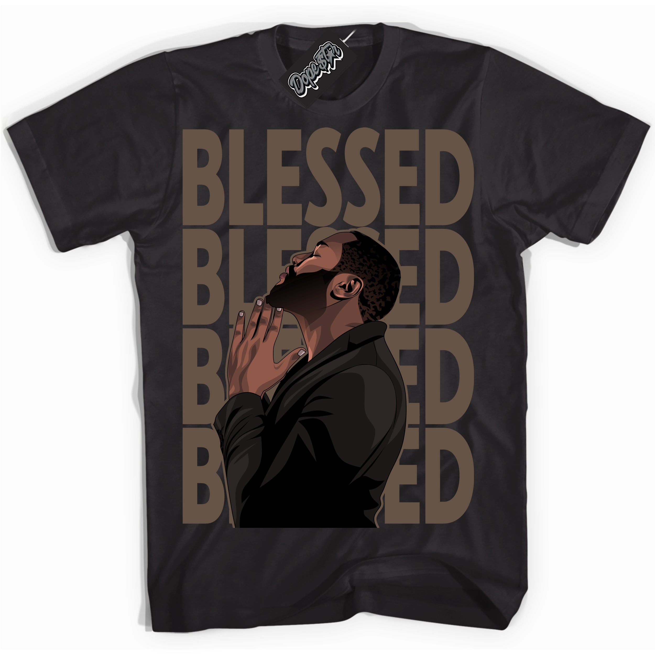Cool Black Shirt with “God Blessed” design that perfectly matches the Jumpman Jack TR Travis Scott Dark Mocha Sneakers.