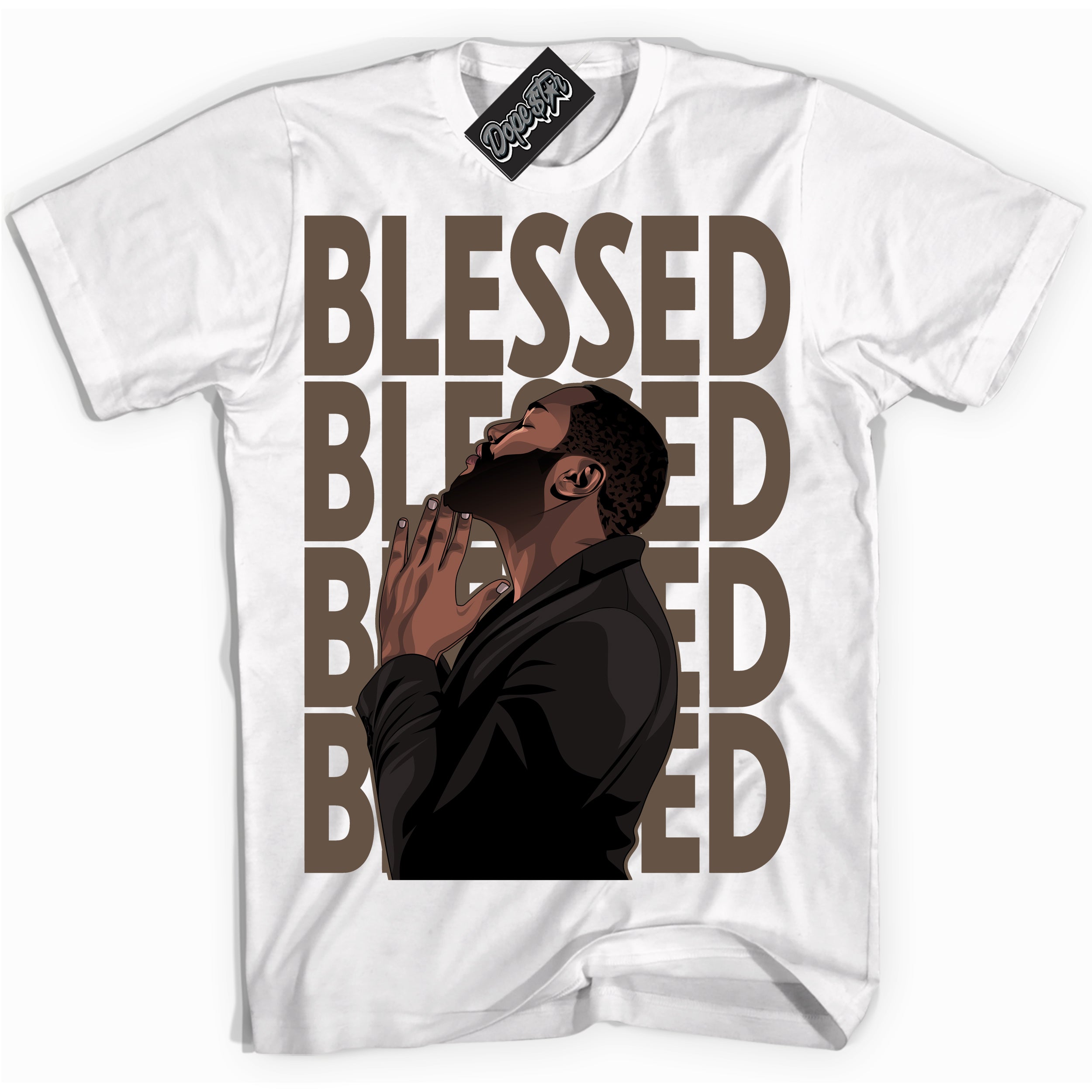 Cool White Shirt with “God Blessed” design that perfectly matches the Jumpman Jack TR Travis Scott Dark Mocha Sneakers.