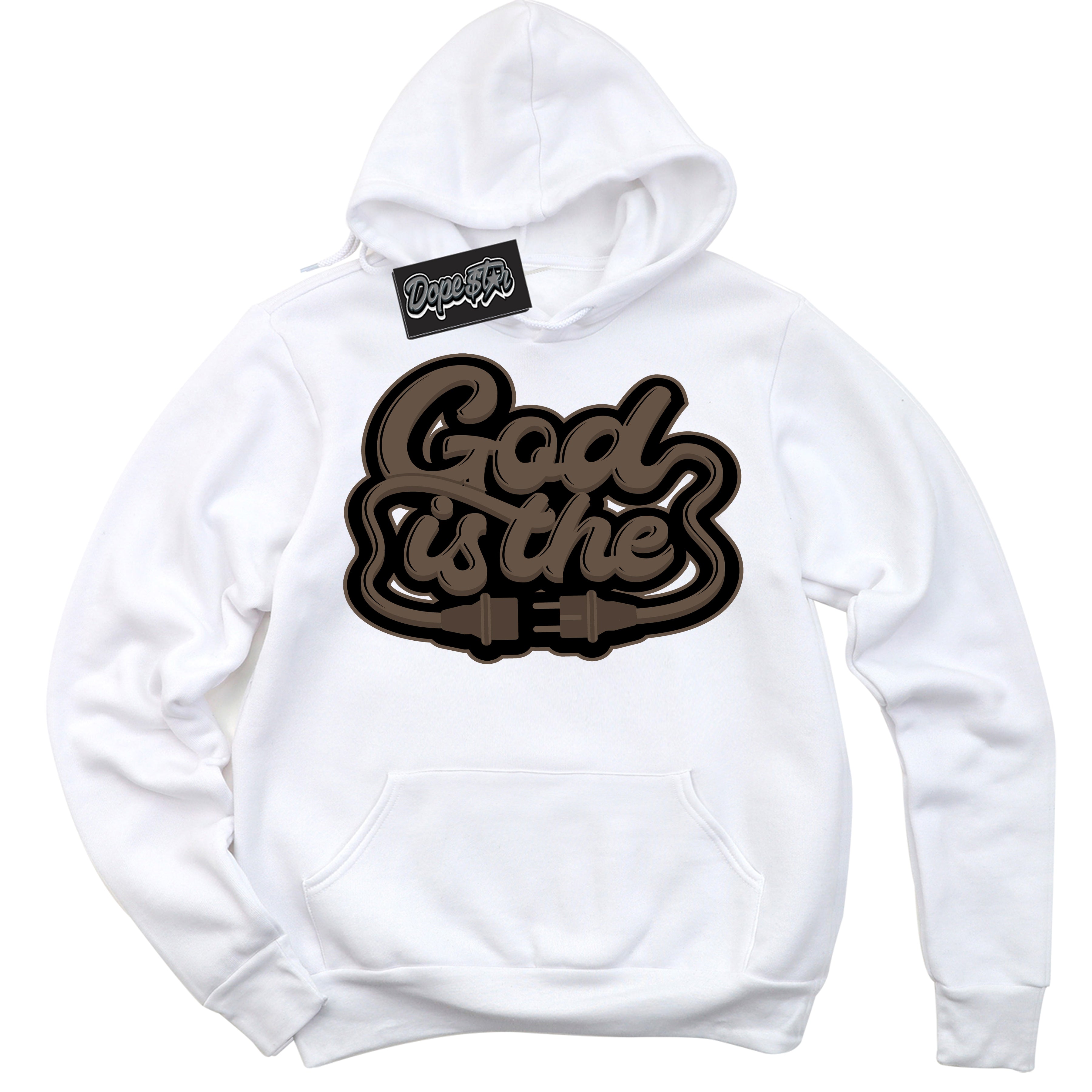 Cool White Hoodie with “God Is The” design that Perfectly Matches Jumpman Jack TR Travis Scott Dark Mocha Sneakers.