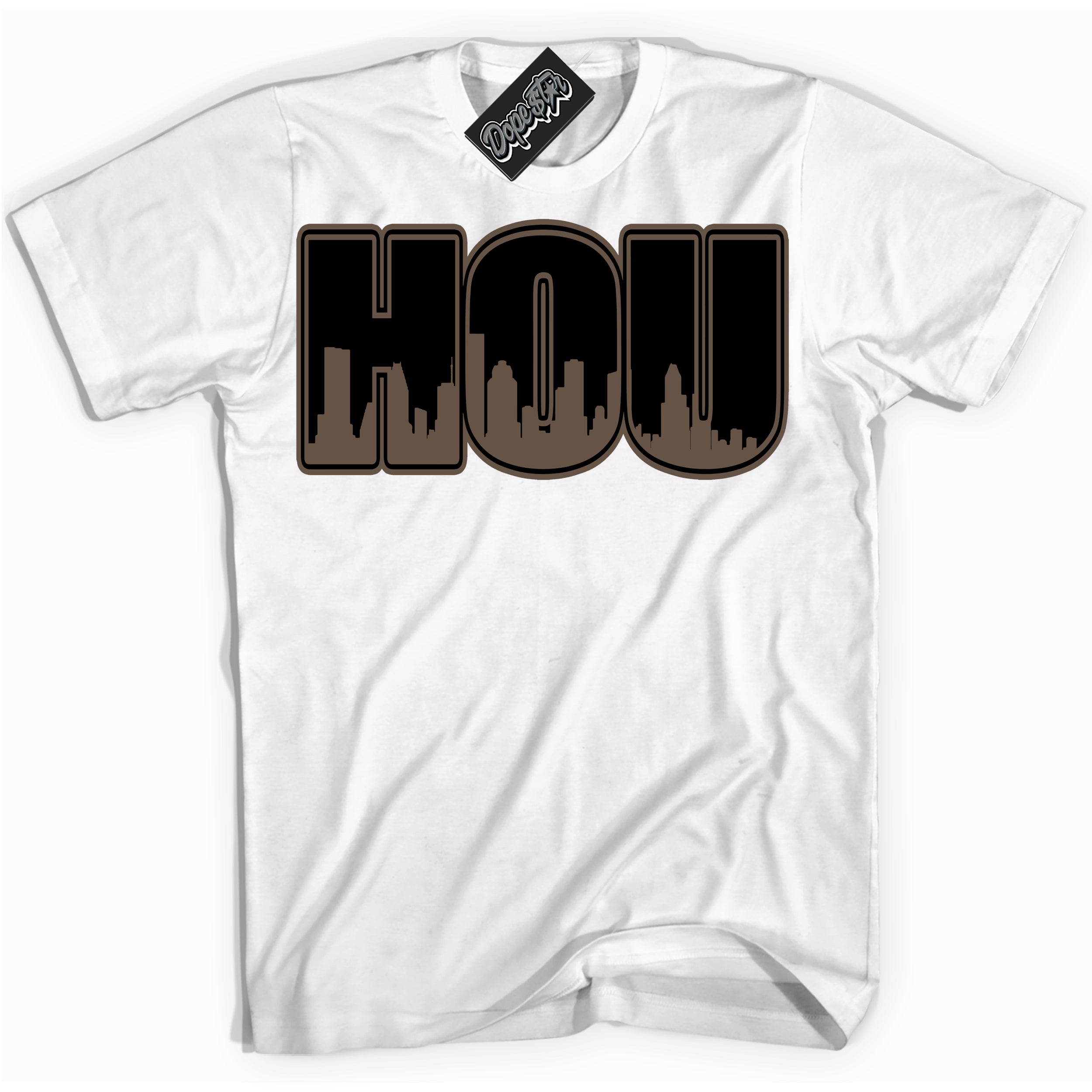 Cool White Shirt with “Houston” design that perfectly matches the Jumpman Jack TR Travis Scott Dark Mocha Sneakers.