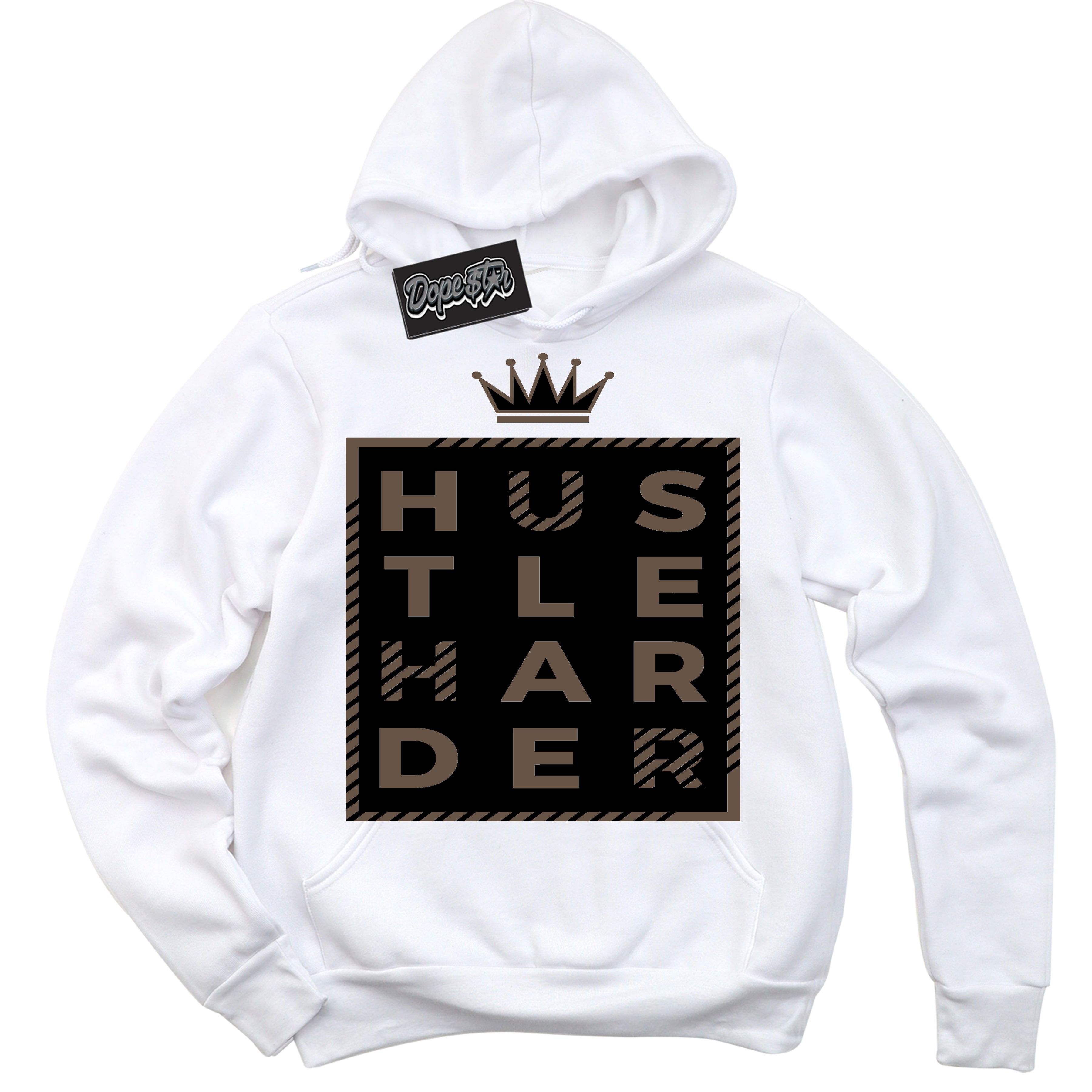 Cool White Hoodie with “Hustle Harder” design that Perfectly Matches Jumpman Jack TR Travis Scott Dark Mocha Sneakers.