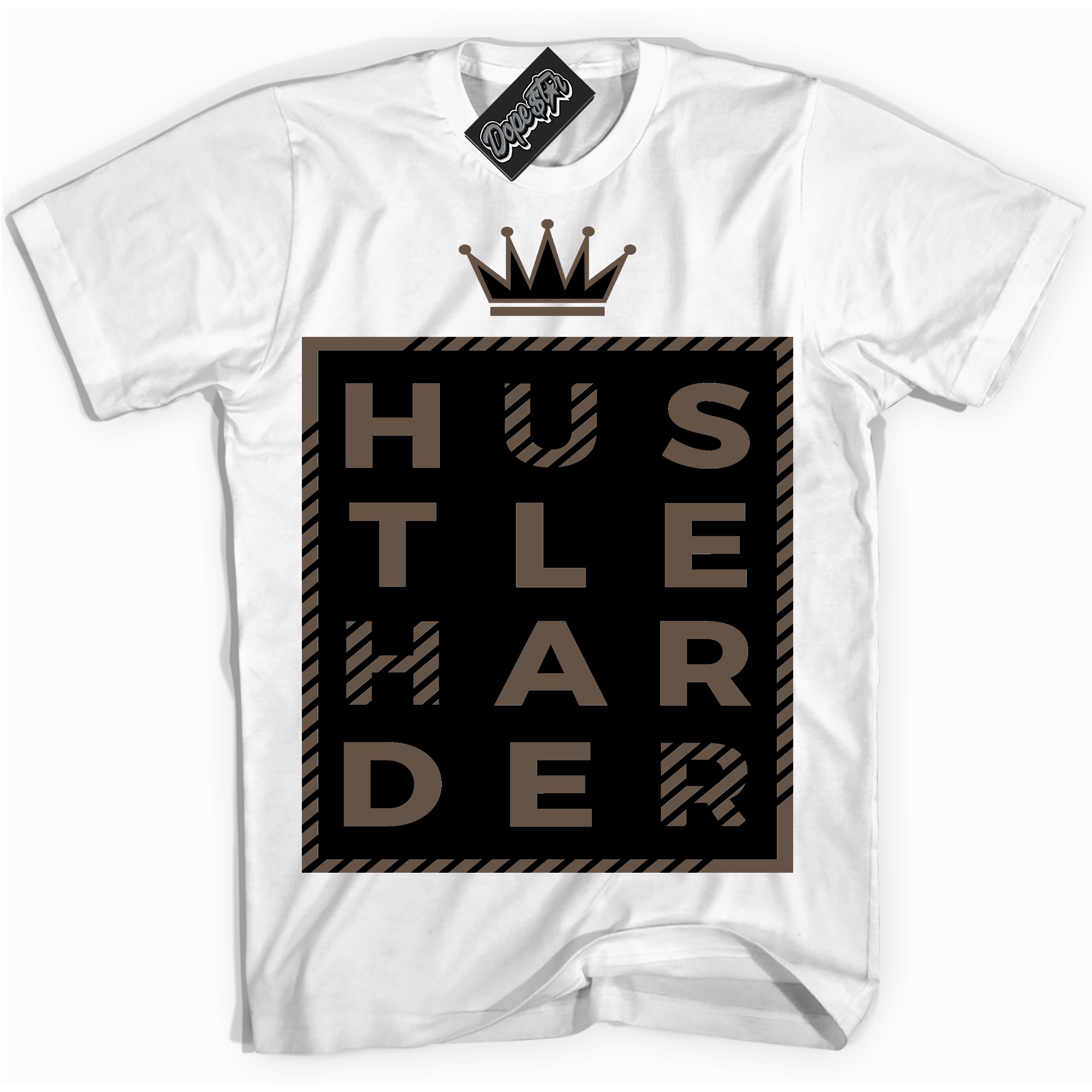 Cool White Shirt with “Hustle Harder” design that perfectly matches the Jumpman Jack TR Travis Scott Dark Mocha Sneakers.
