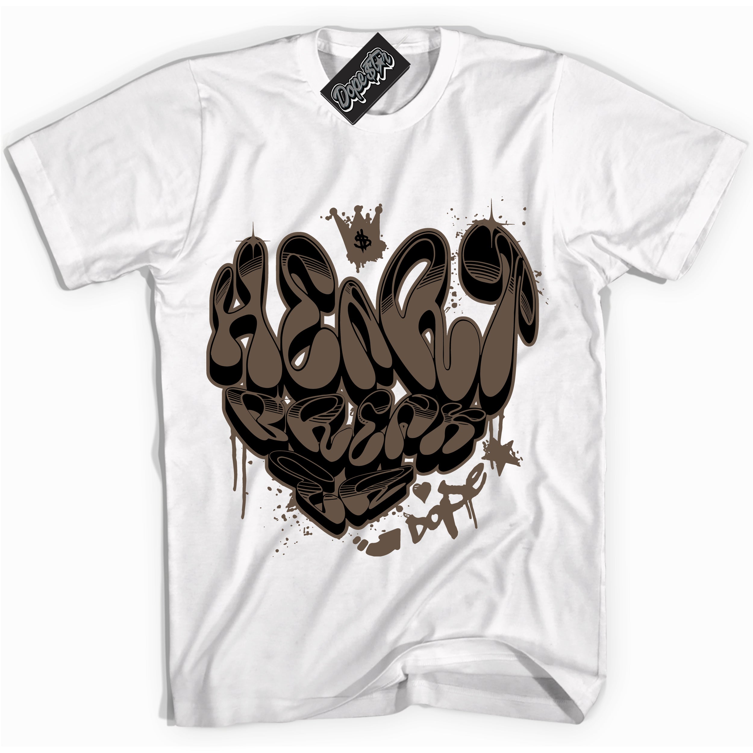 Cool White Shirt with “Heartbreaker Graffiti” design that perfectly matches the Jumpman Jack TR Travis Scott Dark Mocha Sneakers.