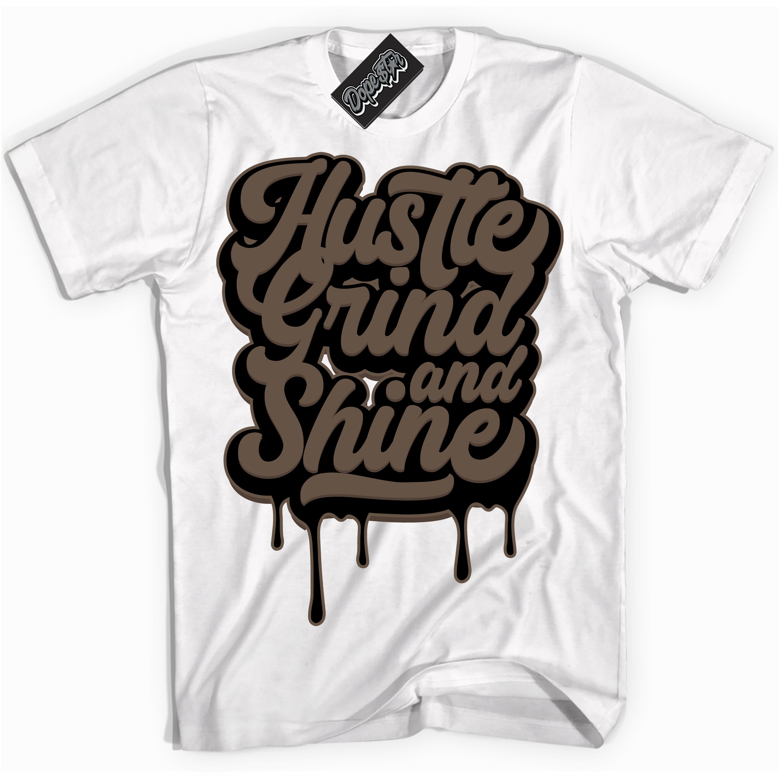 Cool White Shirt with “Hustle Grind And Shine” design that perfectly matches the Jumpman Jack TR Travis Scott Dark Mocha Sneakers.