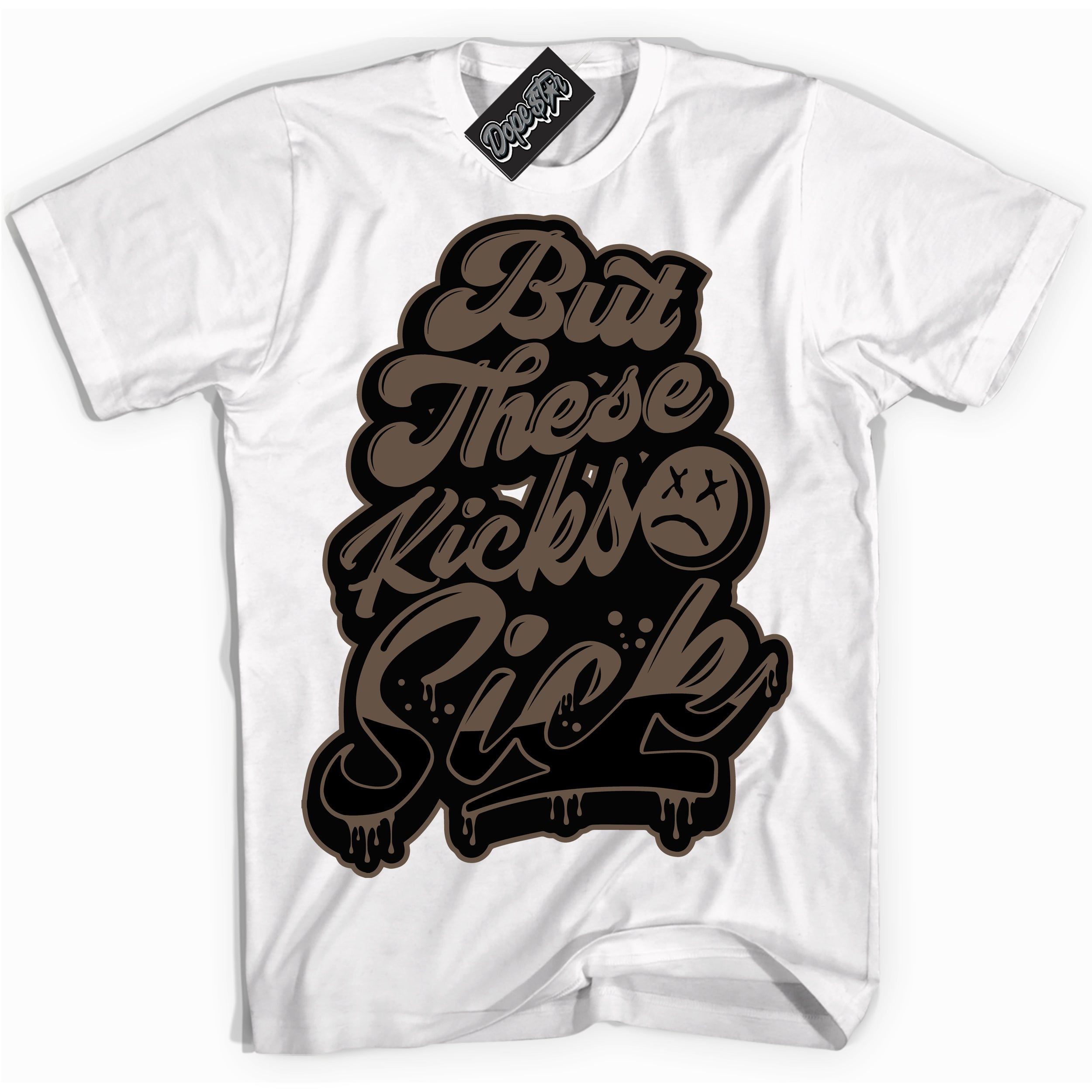 Cool White Shirt with “Kick Sick” design that perfectly matches the Jumpman Jack TR Travis Scott Dark Mocha Sneakers.
